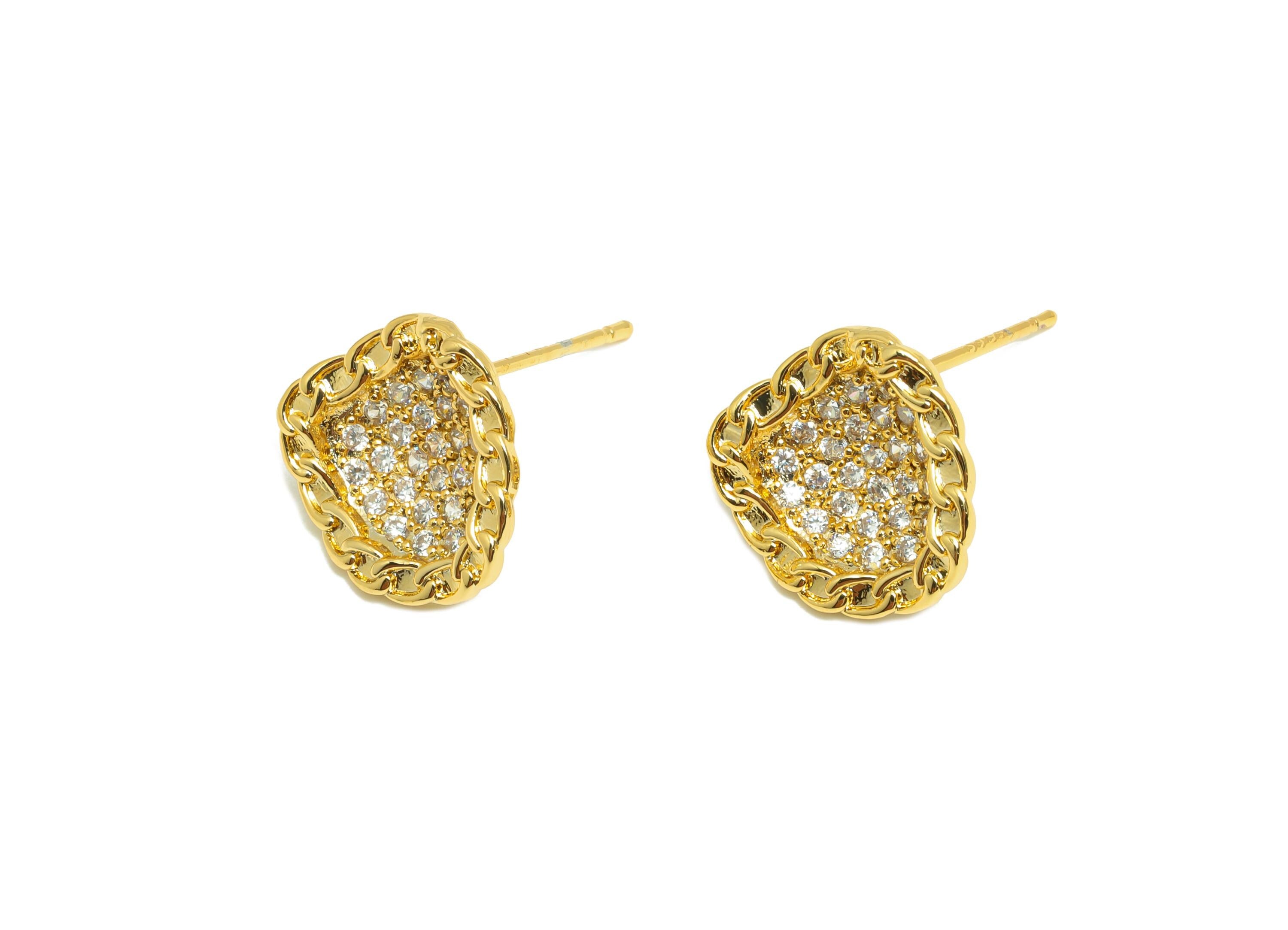 Luxury Earring Stud - Brass Dainty Earring Post - Chain Zircon Border Jewelry - Gold Jewelry - 18K Real Gold Plated - 13x13x1.93mm - RGP9176 - DOMEDBAZAAR