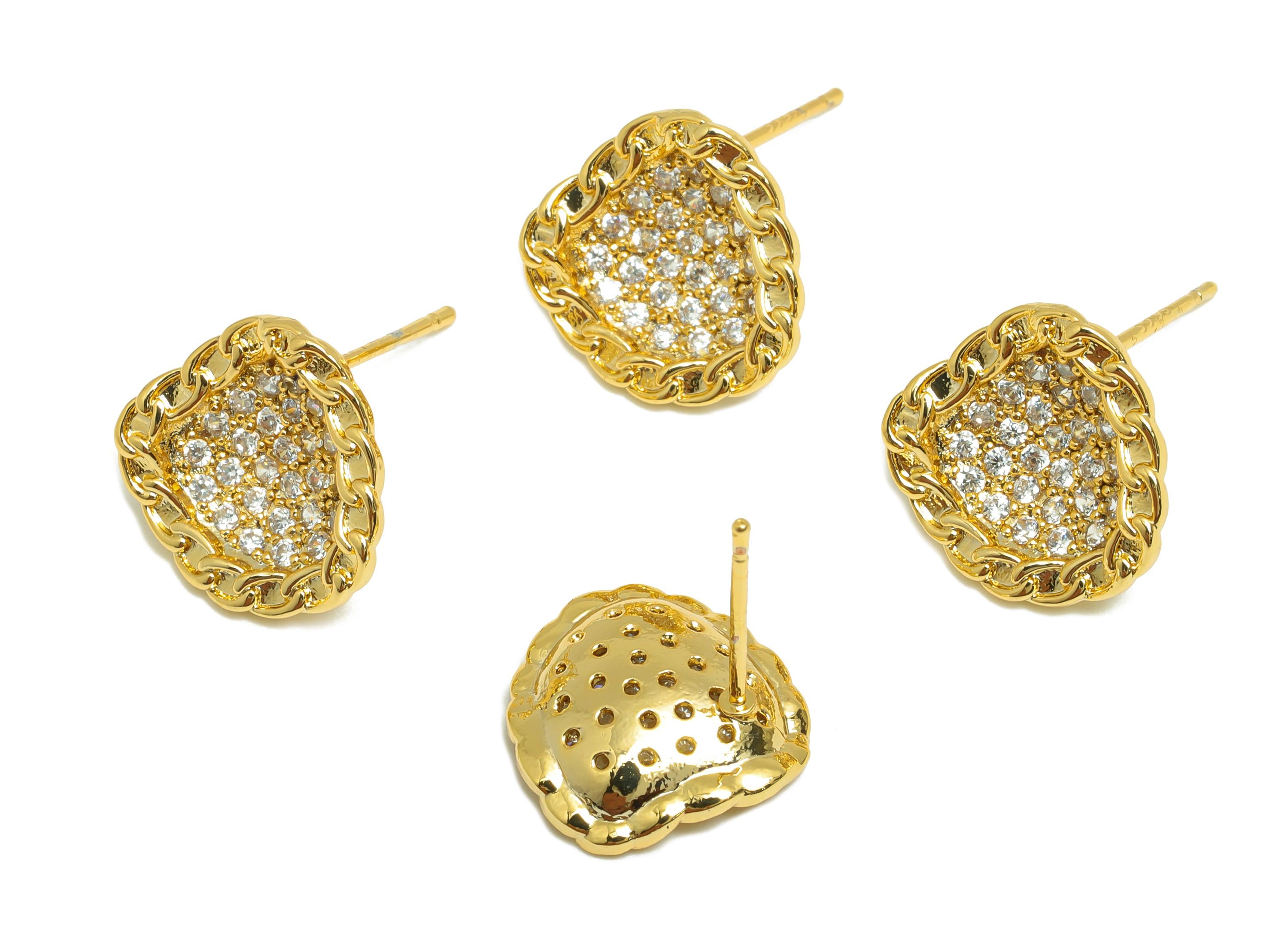 Luxury Earring Stud - Brass Dainty Earring Post - Chain Zircon Border Jewelry - Gold Jewelry - 18K Real Gold Plated - 13x13x1.93mm - RGP9176 - DOMEDBAZAAR