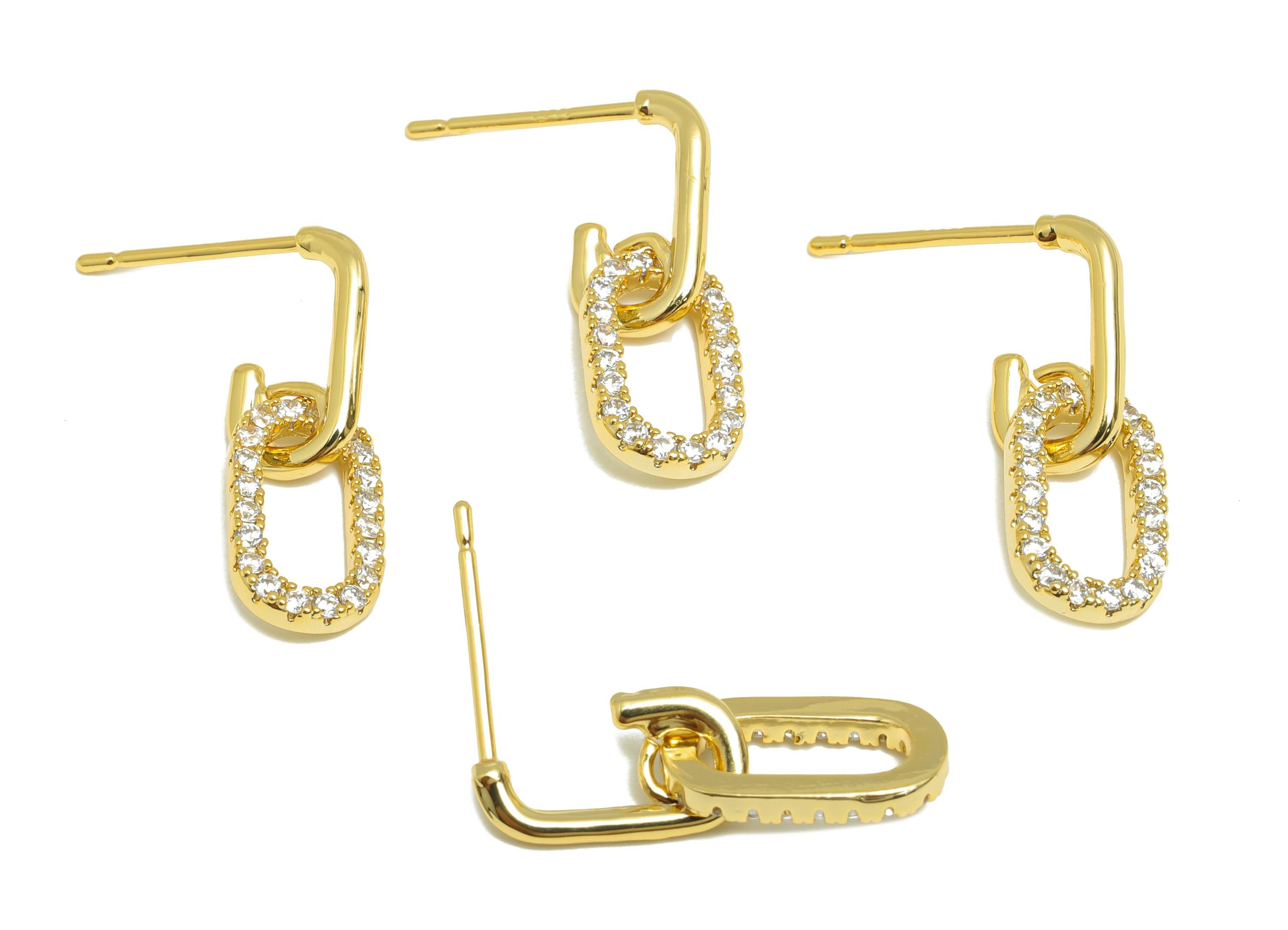 Gold Dangle Hoop Earring - Brass Zircon Hoop Earring Stud - Layering Diamond Link Earring - 18K Real Gold Plated - 20x7.12x1.54mm - RGP9181 - DOMEDBAZAAR