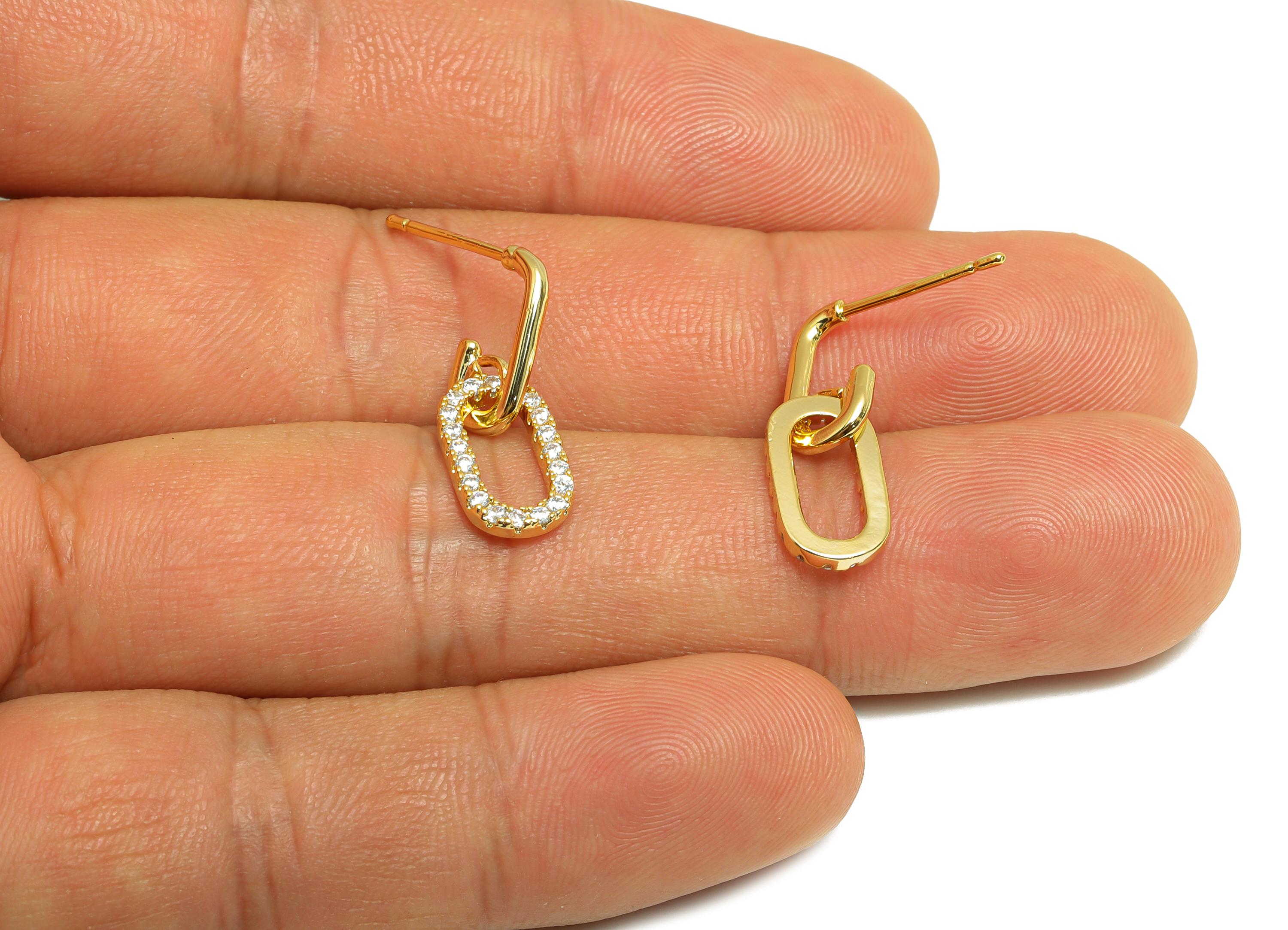Gold Dangle Hoop Earring - Brass Zircon Hoop Earring Stud - Layering Diamond Link Earring - 18K Real Gold Plated - 20x7.12x1.54mm - RGP9181 - DOMEDBAZAAR