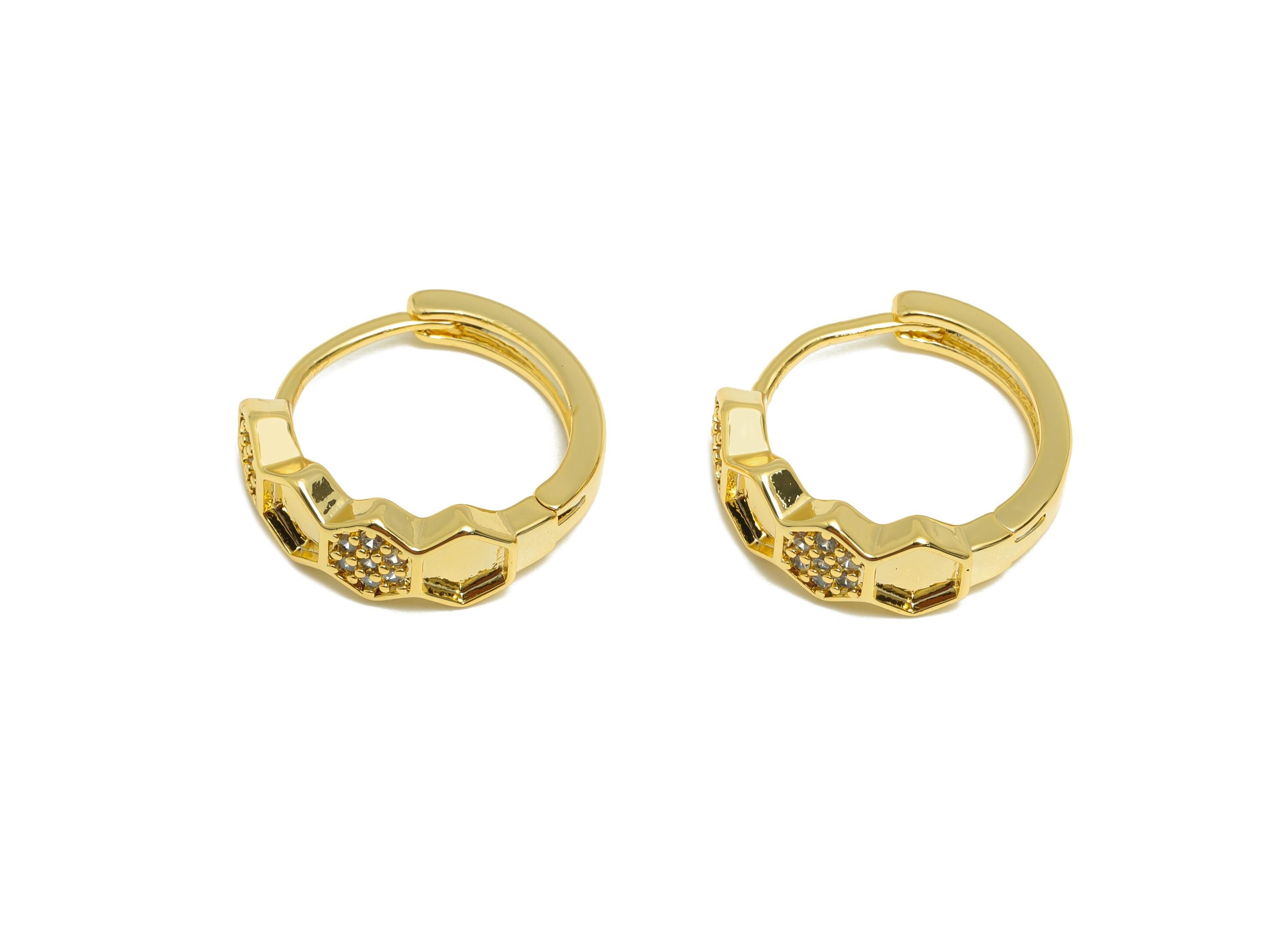Hexagon Hoop Earring - Brass Honeycomb Hoop Huggie Earring - Zircon Classic Hoop Jewelry - 18K Real Gold Plating - 16.93x16x2mm - RGP9185 - DOMEDBAZAAR