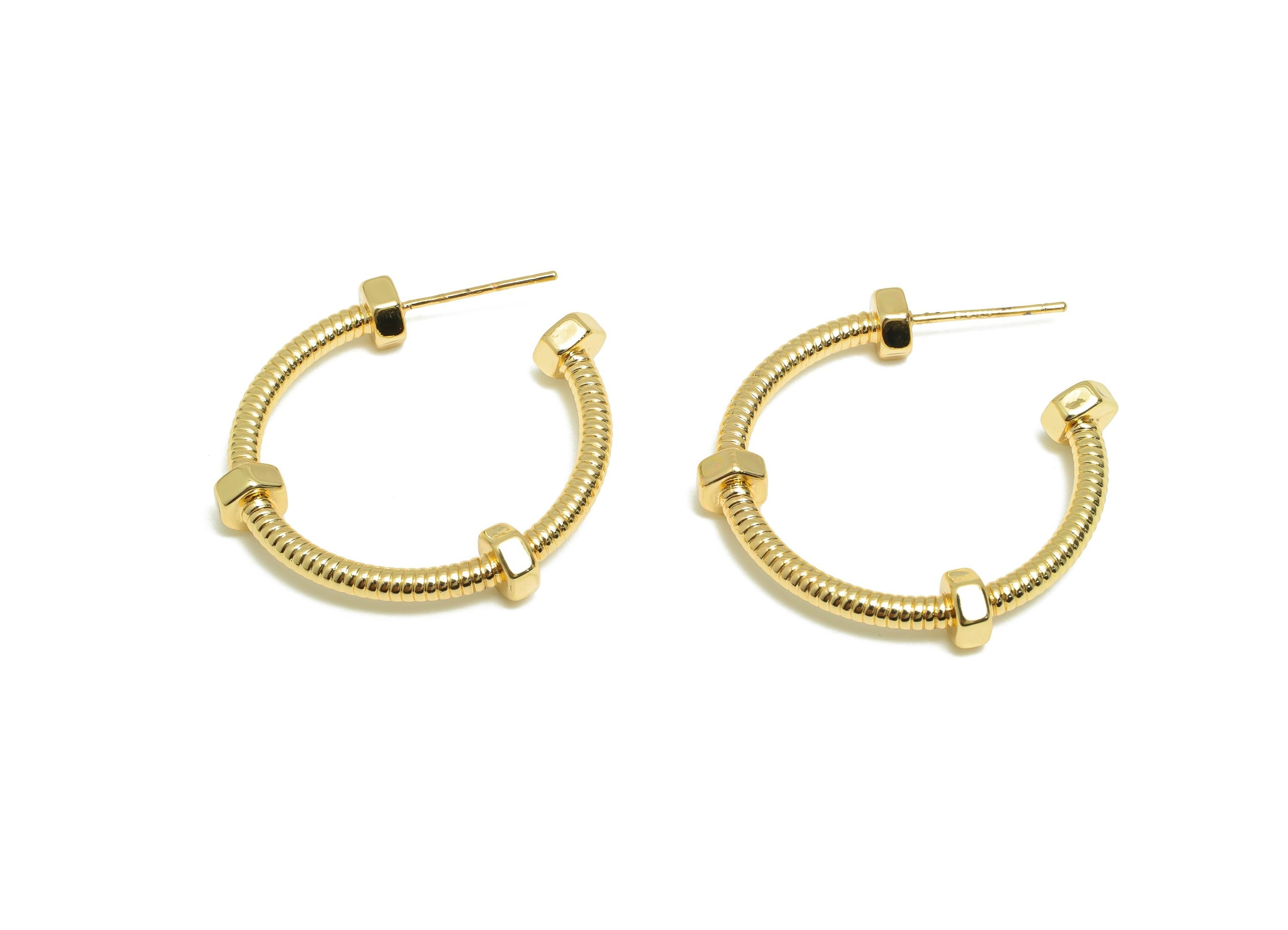 Screw Hoop Earring Stud - Gold Textured Hoop Post - Brass Bold Fashion Earring - Modern Jewelry - 18K Real Gold Plated - 28x26x4mm - RGP9224 - DOMEDBAZAAR