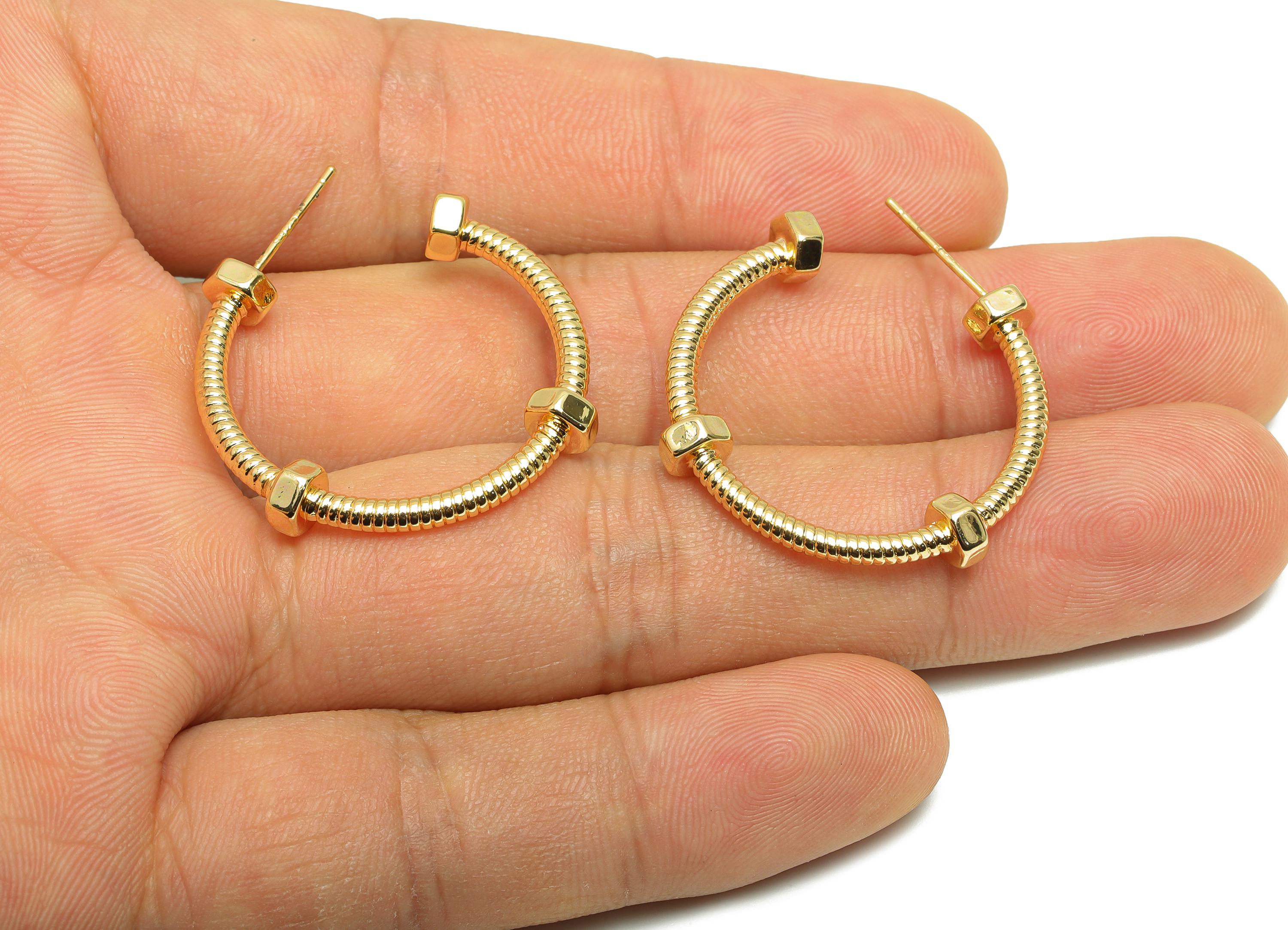Screw Hoop Earring Stud - Gold Textured Hoop Post - Brass Bold Fashion Earring - Modern Jewelry - 18K Real Gold Plated - 28x26x4mm - RGP9224 - DOMEDBAZAAR