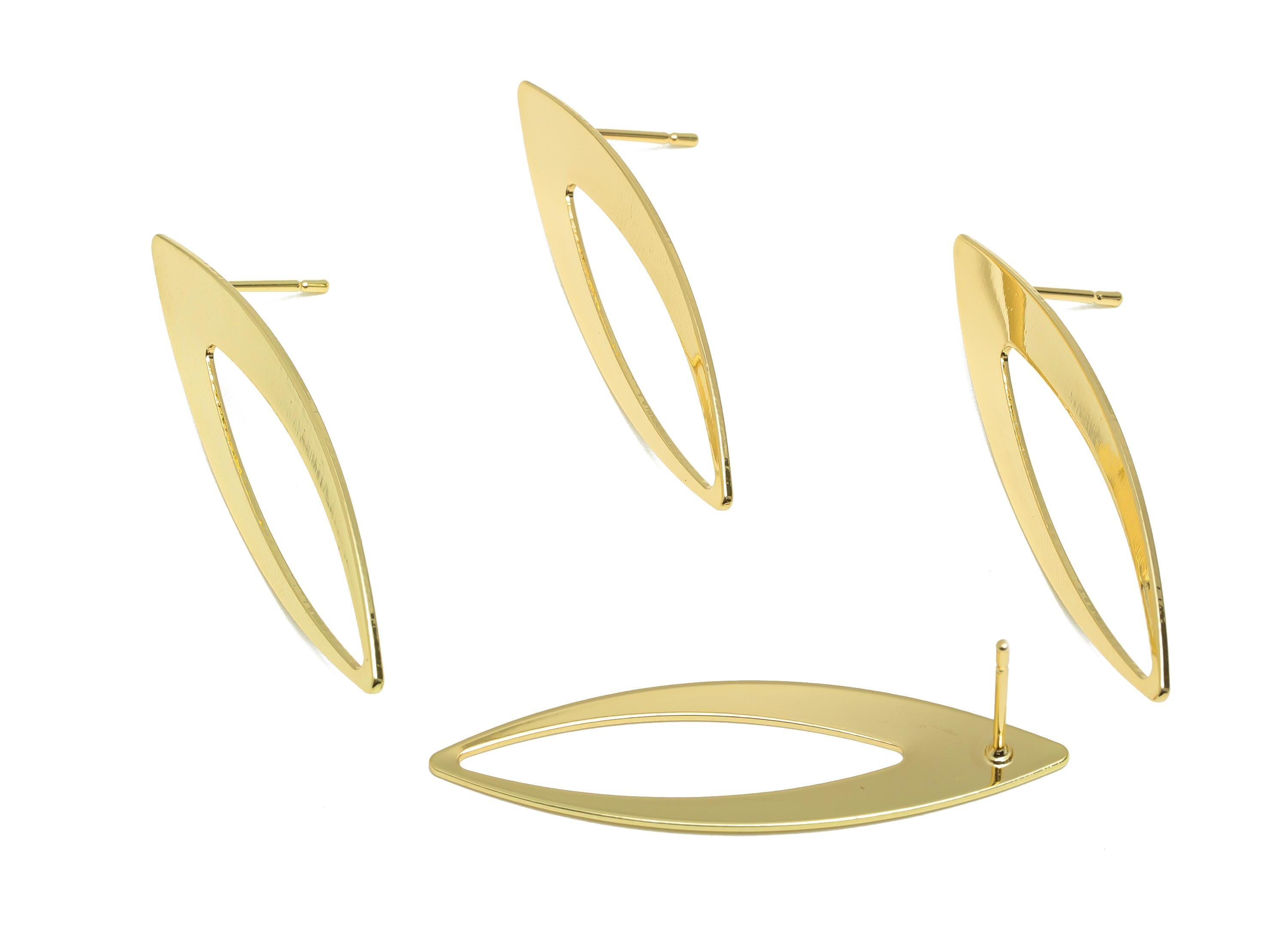 Brass Marquise Earring - Unique Gold Earring Post - Brass Modern Earring - Minimalist Jewelry - 18K Real Gold Plated - 41x11x1mm - RGP9213 - DOMEDBAZAAR