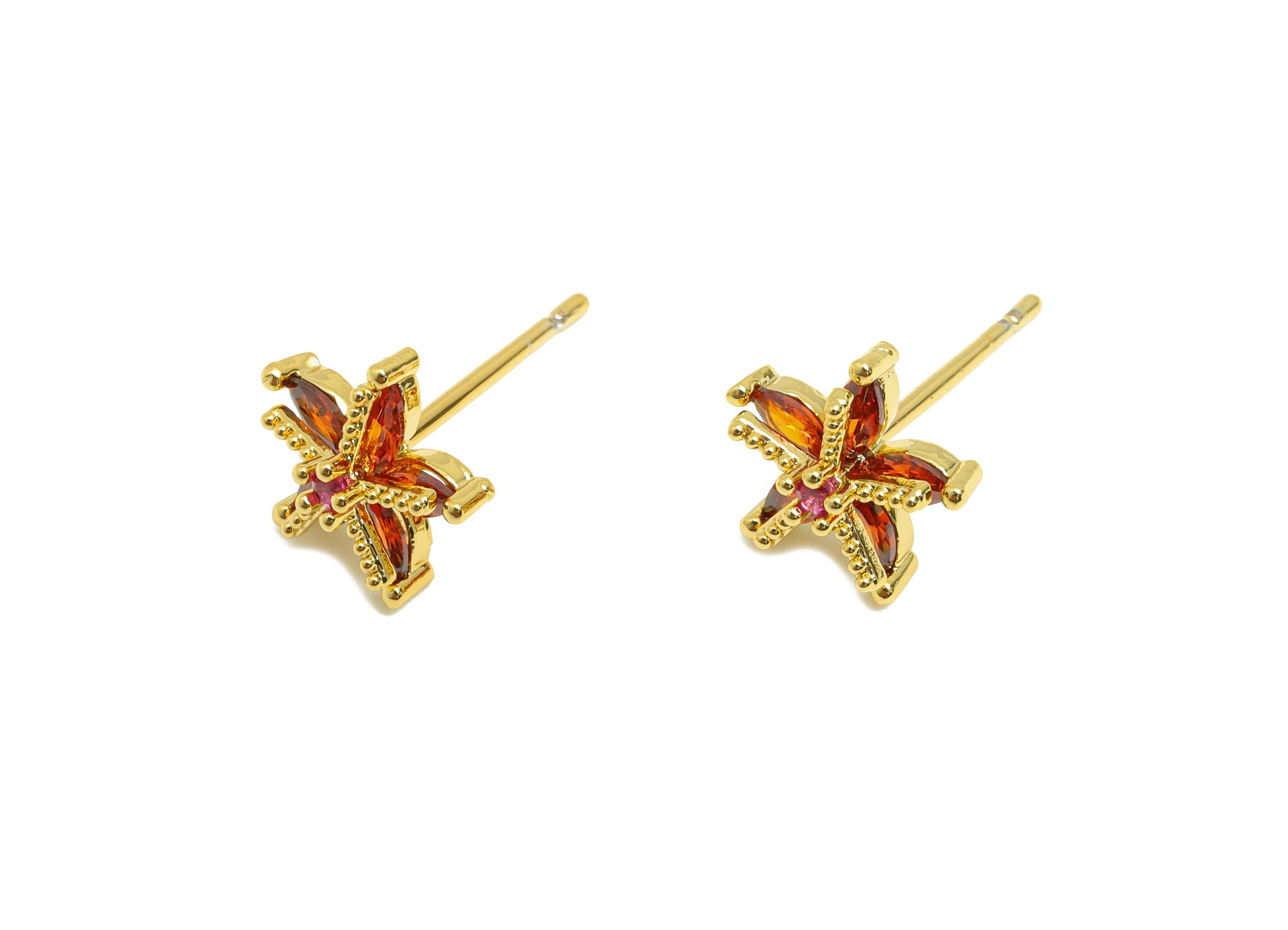 Marquise Sparkle Earring Stud - Gold Red Zircon Earring Post - Brass Shimmering Gold Earring - 18K Real Gold Plated - 9.36x9.3x4mm - RGP9221 - DOMEDBAZAAR