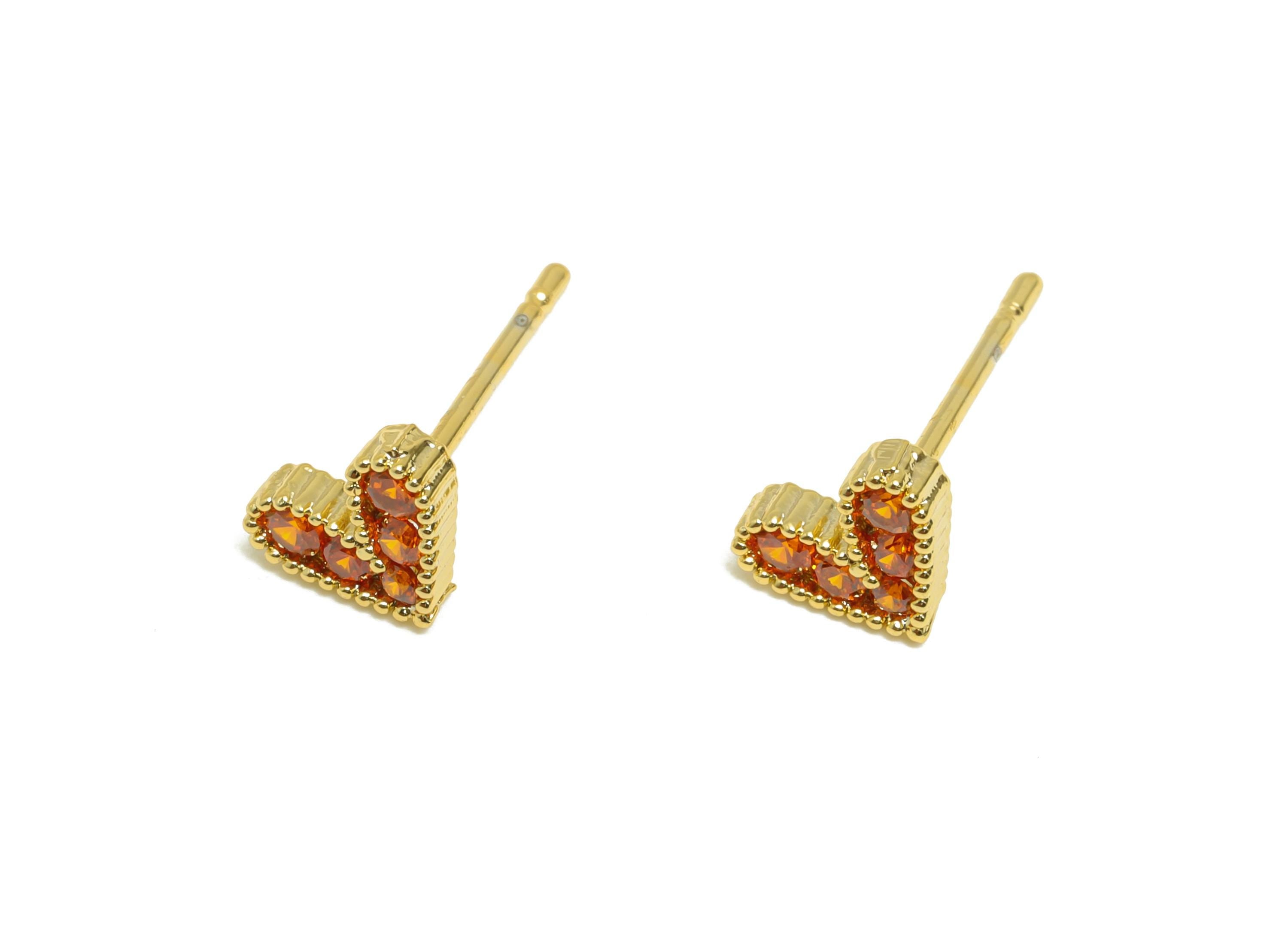Vintage Earring Stud - Gold Zircon Heart Earring Post - Brass Classic Red Heart Earring Stud - 18K Real Gold Plating - 7x5x1.78mm - RGP9235 - DOMEDBAZAAR