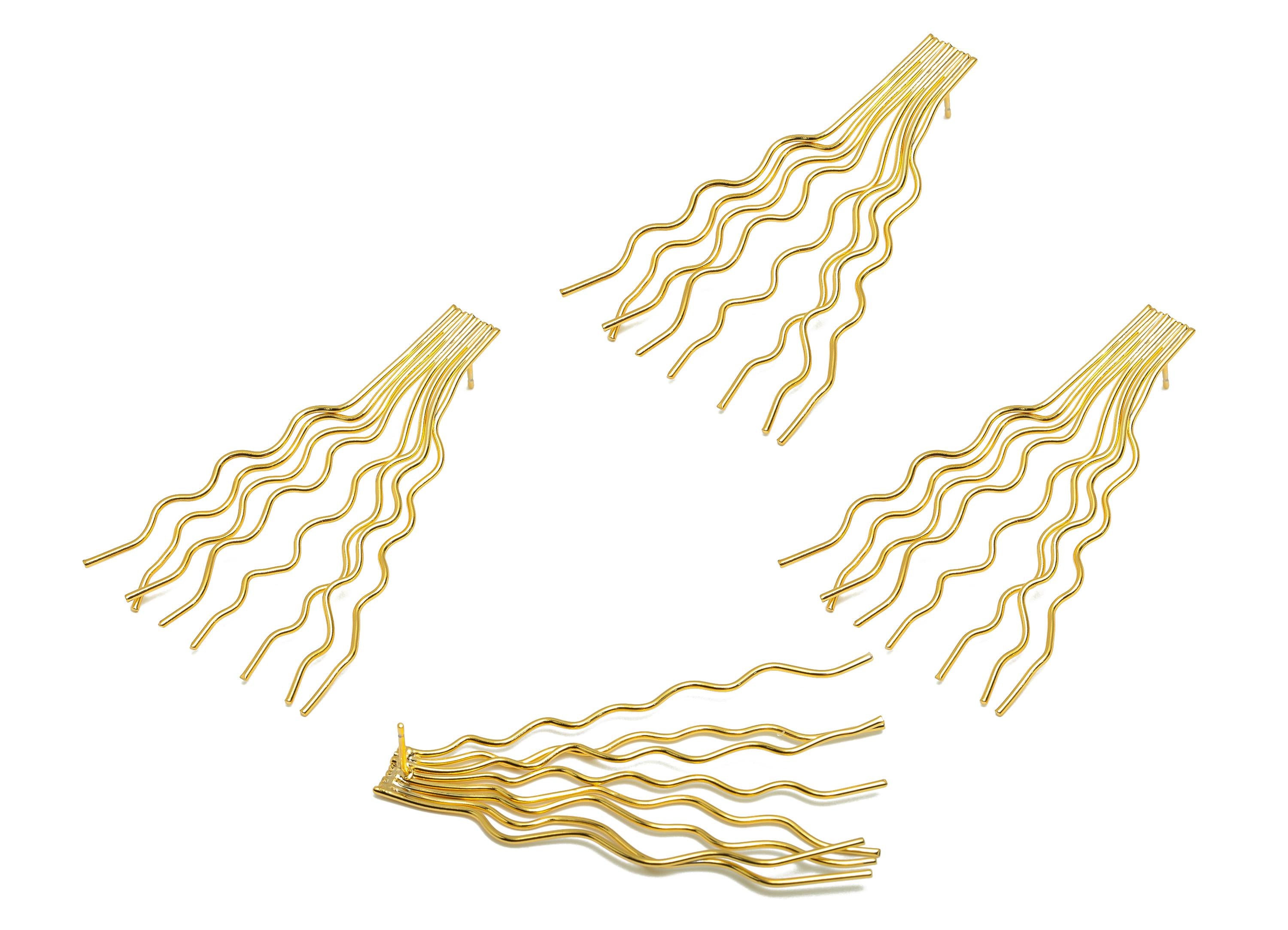 Brass Dangling Wire Earring - Wavy Gold Strand Earring Stud - Brass Bold Gold Drop Earring - 18K Real Gold Plating - 54x40x0.97mm - RGP9247 - DOMEDBAZAAR
