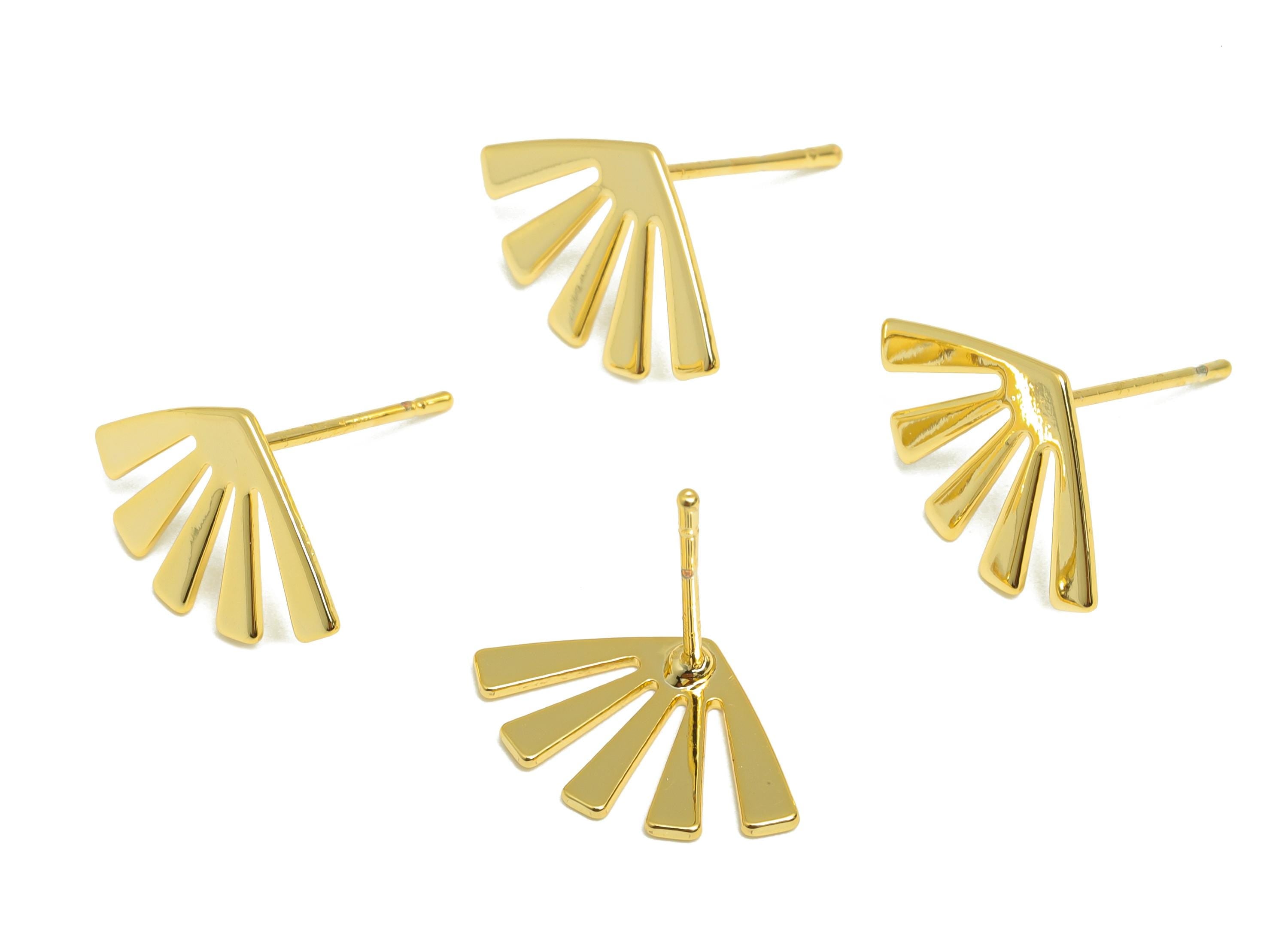 Art Deco Earring Stud - Brass Bold Geometric Fan Earring Post - Everyday Minimalist Gold Jewelry - 18K Real Gold Plated - 14x9x1mm - RGP9259 - DOMEDBAZAAR