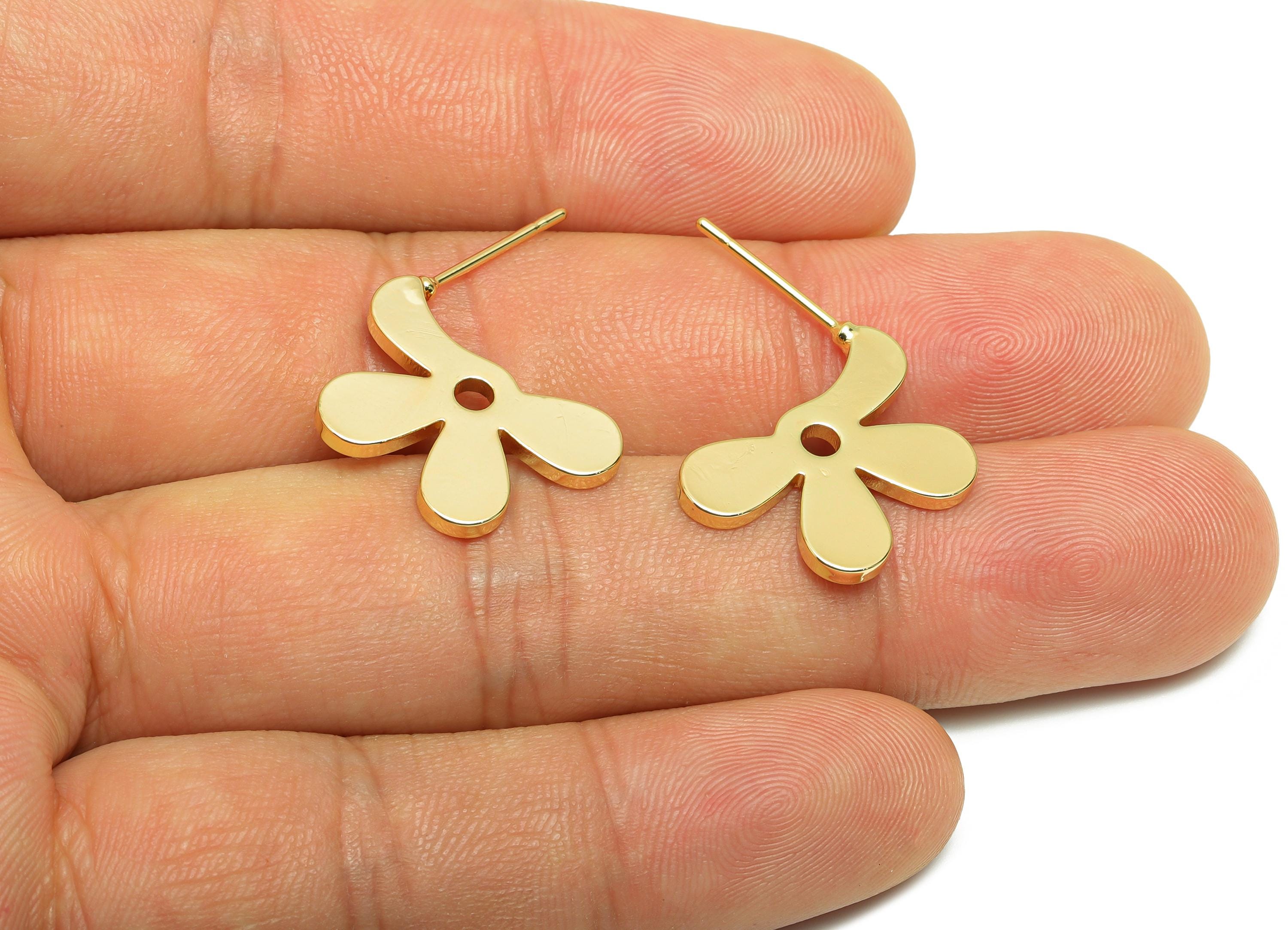 Brass Flower Earring - Gold Sleek Flower Earring Post - Everyday Gold Jewelry - Botanical Earring - 18K Real Gold Plated - 19x21x1mm-RGP9260 - DOMEDBAZAAR