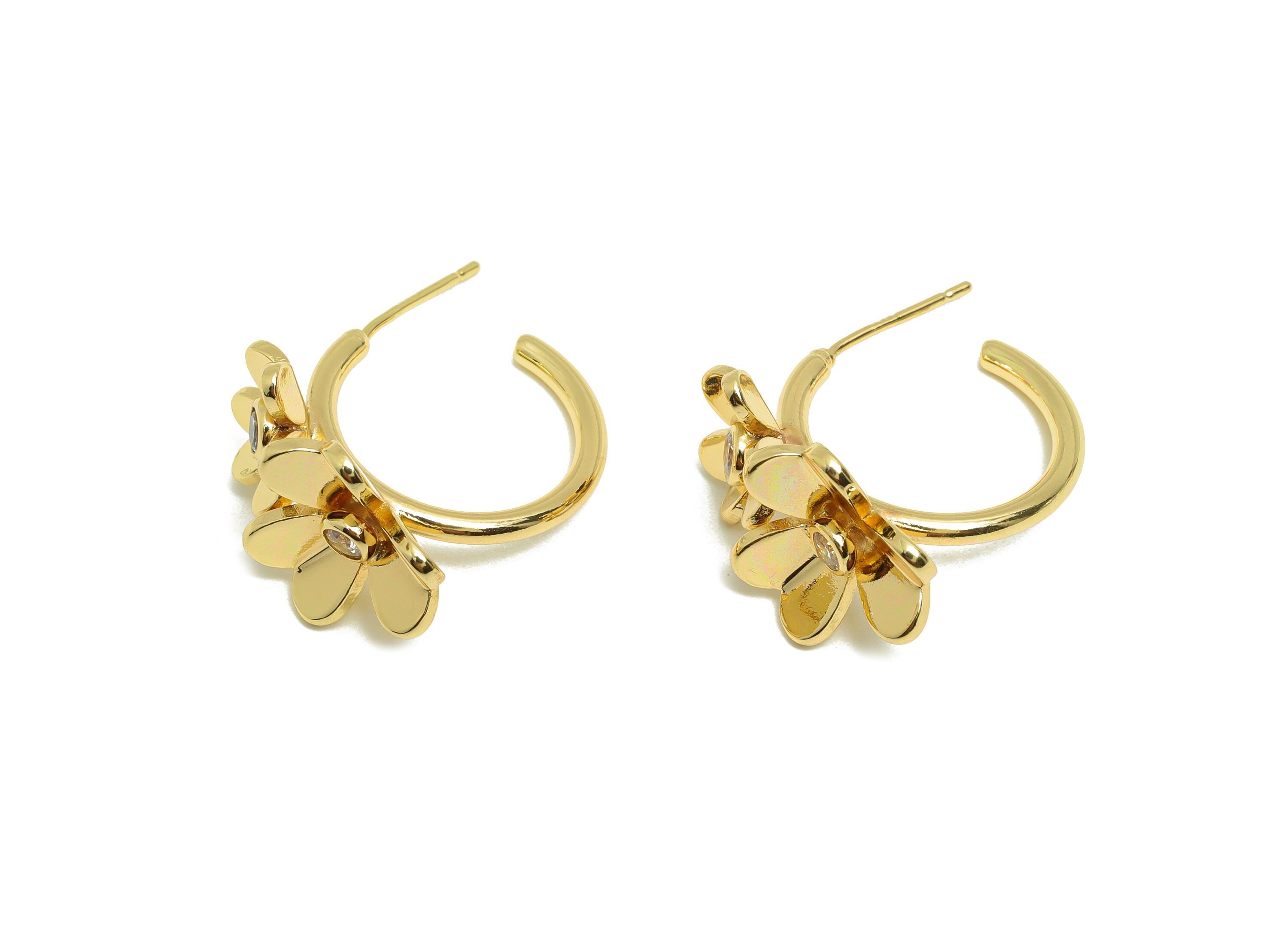 Brass Flower Earring Stud - Gold Zircon C Hoop Earring Post - Circle Daily Wear Earring - 18K Real Gold Plating -23.87x27.36x5.64mm- RGP9105 - DOMEDBAZAAR