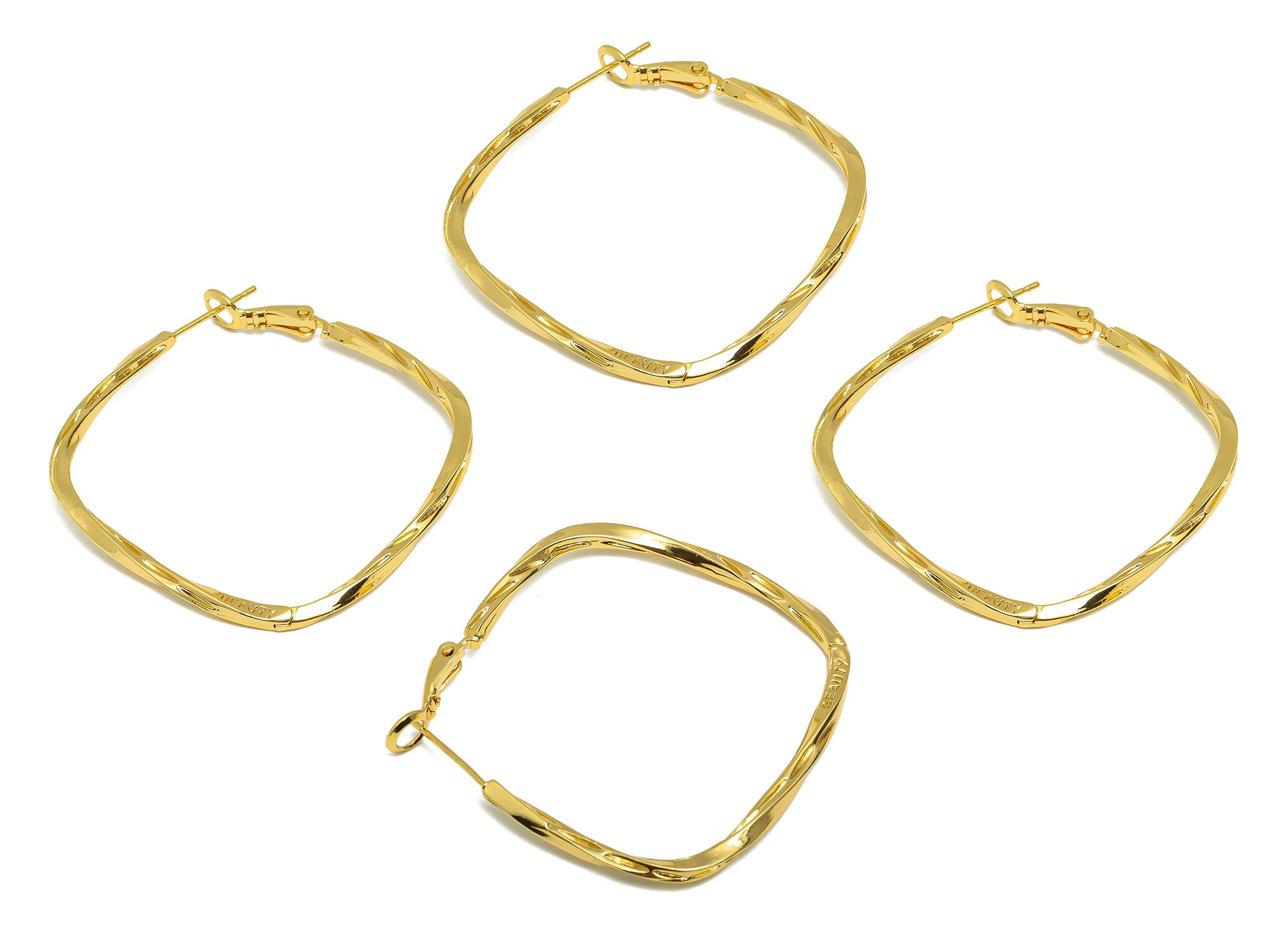 Brass Wave Hoop Earring - Gold Huggie Earring for Girls - Square Wave Daily Wear Earring - 18K Real Gold Plated - 40.17x39.79x2.06mm-RGP9107 - DOMEDBAZAAR