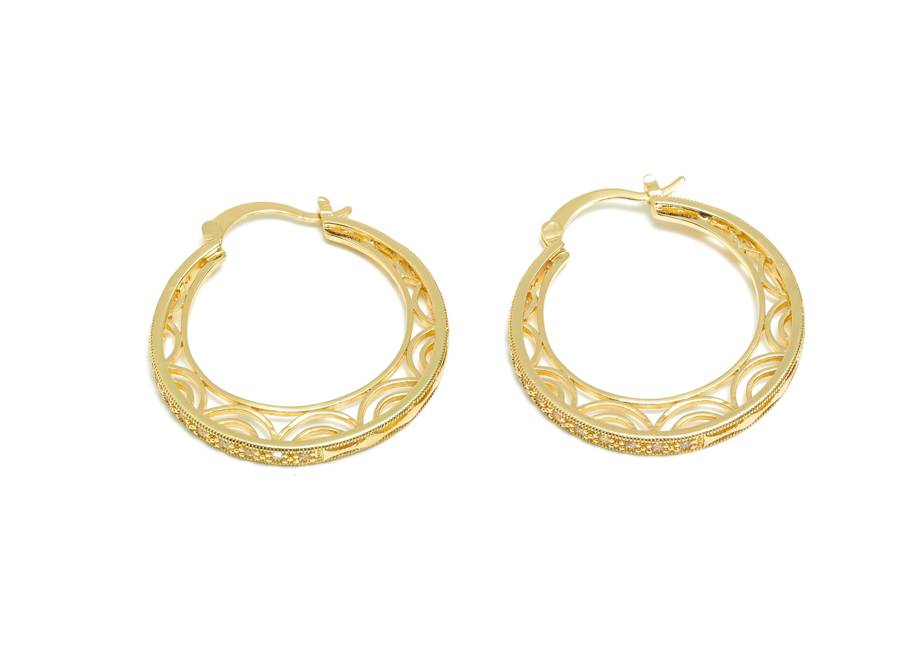 Brass Hinged Back Earring - Gold Zircon Hollow Huggie Earring - Textured Daily Wear Ear - 18K Real Gold Plated -34.08x30.74x2.39mm - RGP9110 - DOMEDBAZAAR