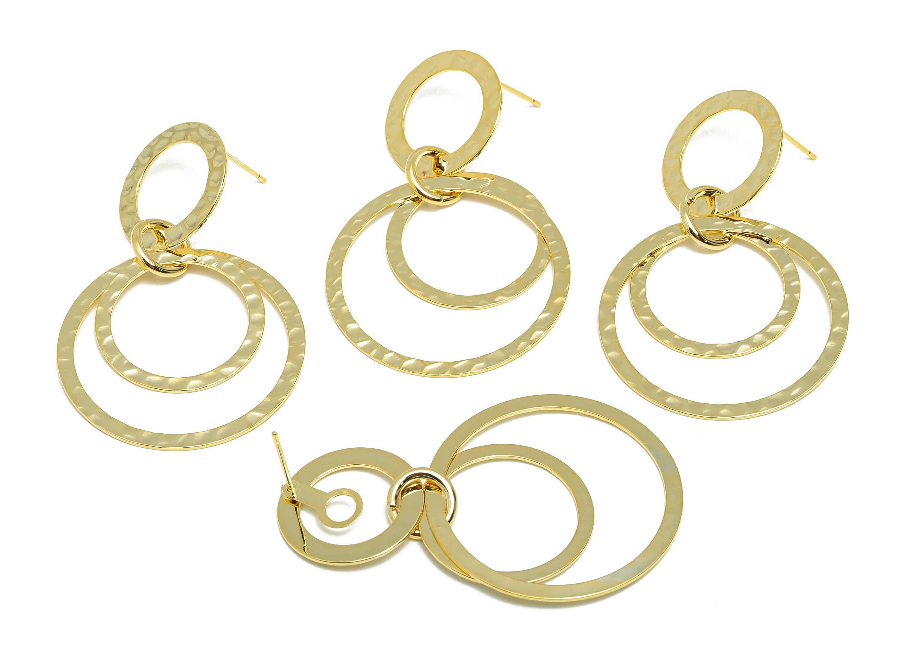 Brass Circle Dangle Earring - Round Earring Stud for Girl- Gold Hammered Dangle Ear Post - 18K Real Gold Plating -51.82x33.07x0.62mm-RGP9114 - DOMEDBAZAAR