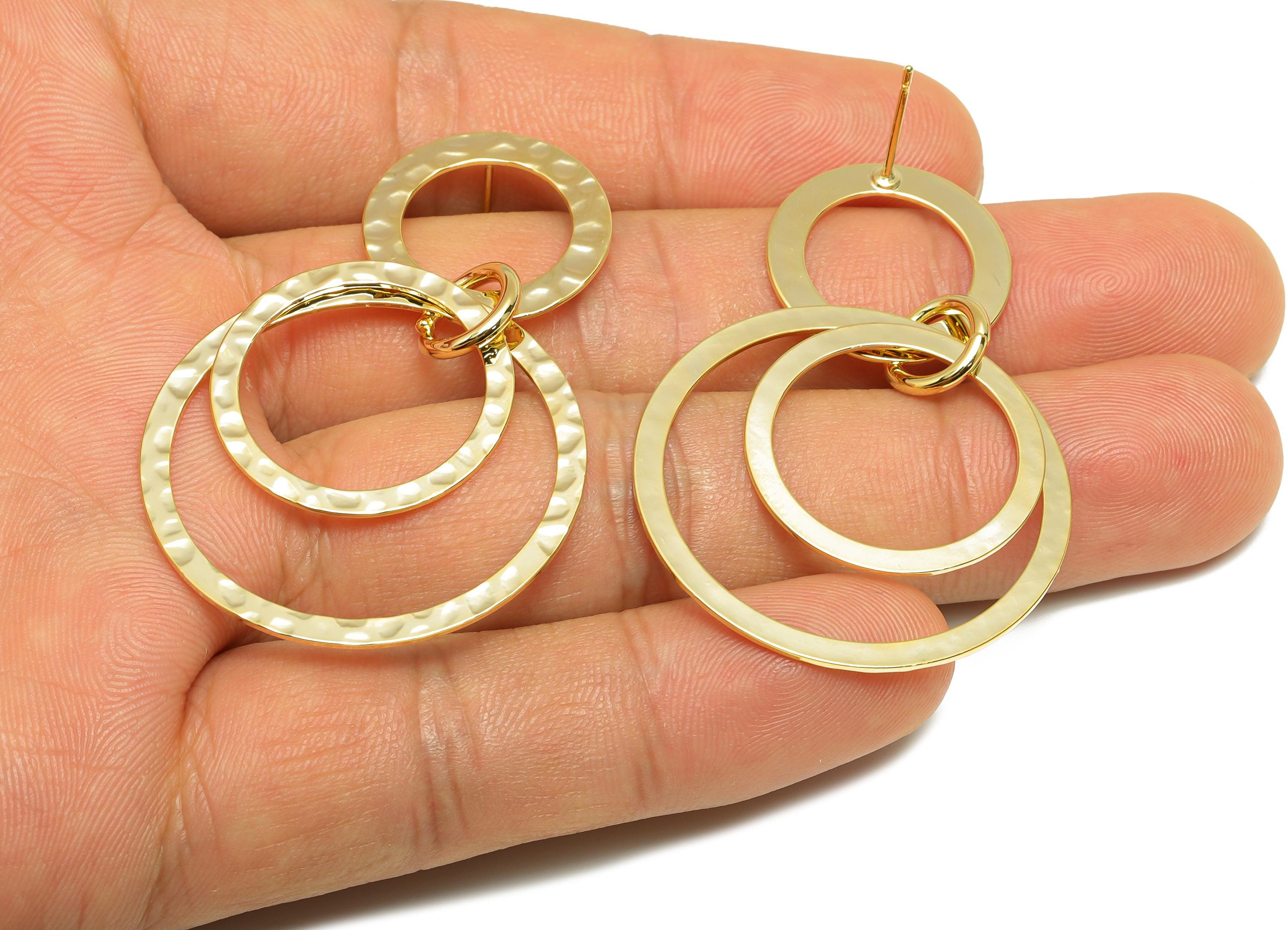 Brass Circle Dangle Earring - Round Earring Stud for Girl- Gold Hammered Dangle Ear Post - 18K Real Gold Plating -51.82x33.07x0.62mm-RGP9114 - DOMEDBAZAAR