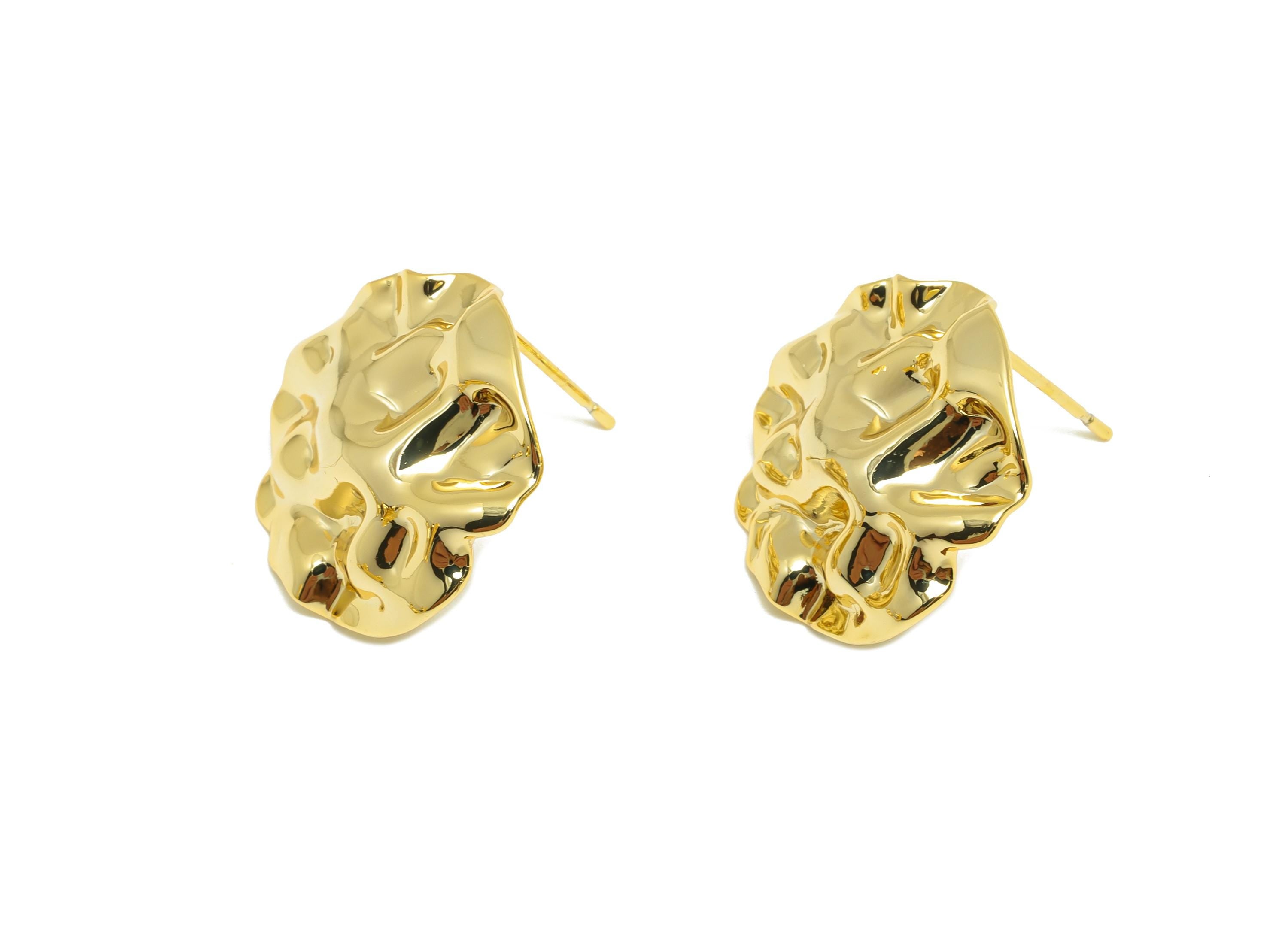 Brass Round Earring Stud - Gold Hammered Earring Post for Girls - Daily Wear Earring - 18K Real Gold Plating - 18.46x18.07x1.69mm - RGP9115 - DOMEDBAZAAR