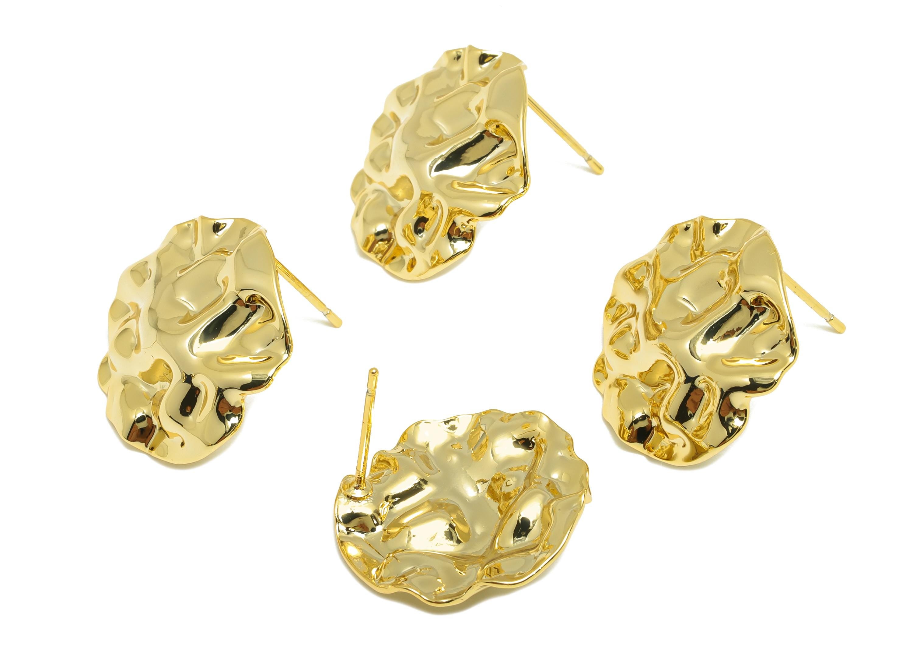 Brass Round Earring Stud - Gold Hammered Earring Post for Girls - Daily Wear Earring - 18K Real Gold Plating - 18.46x18.07x1.69mm - RGP9115 - DOMEDBAZAAR