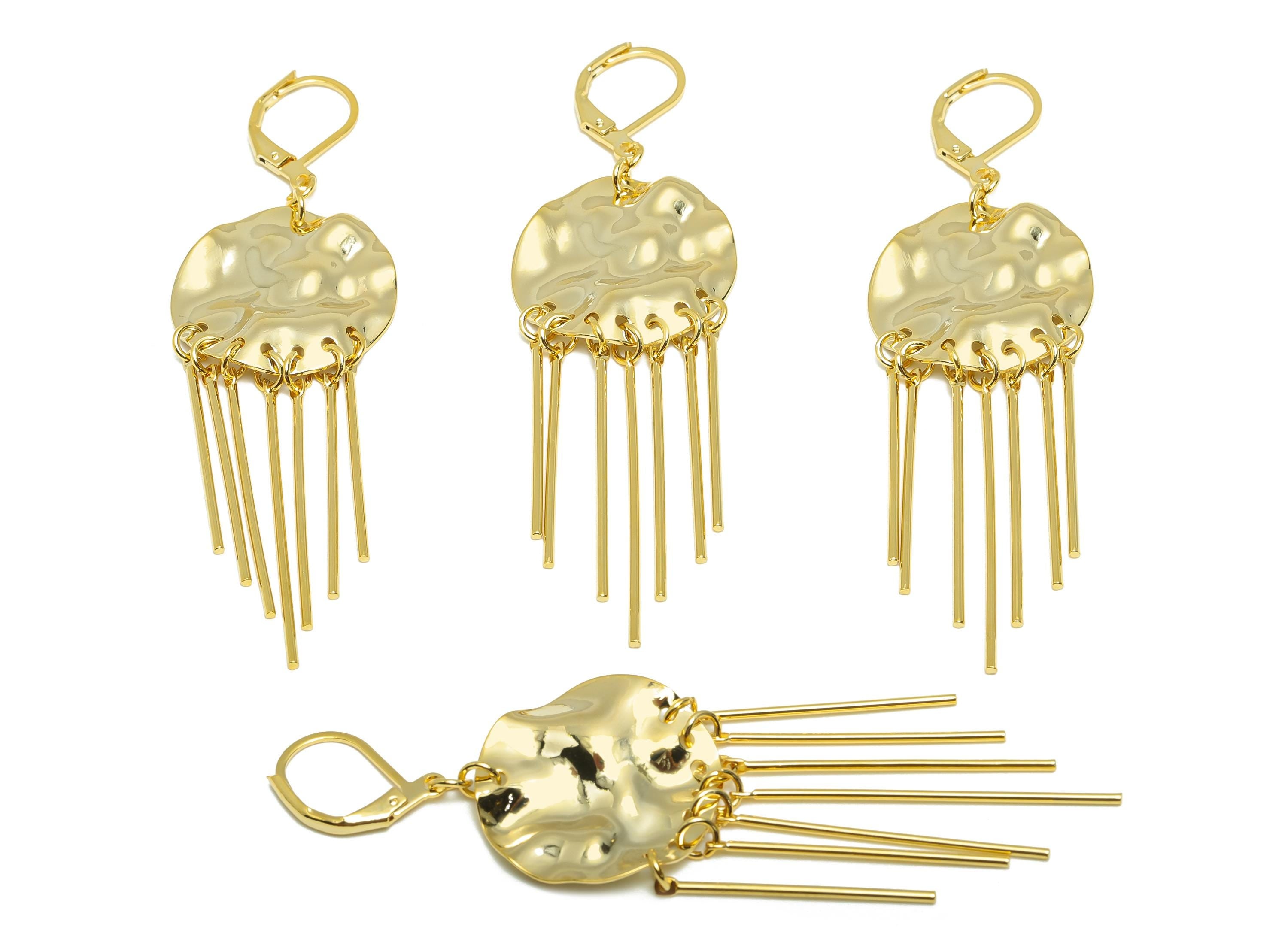 Brass Fringe Laverack Earring - Hammered Huggie Earring for Woman - Gold Dangle Earring - 18K Real Gold Plating - 71.9x22.17x0.79mm- RGP9116 - DOMEDBAZAAR