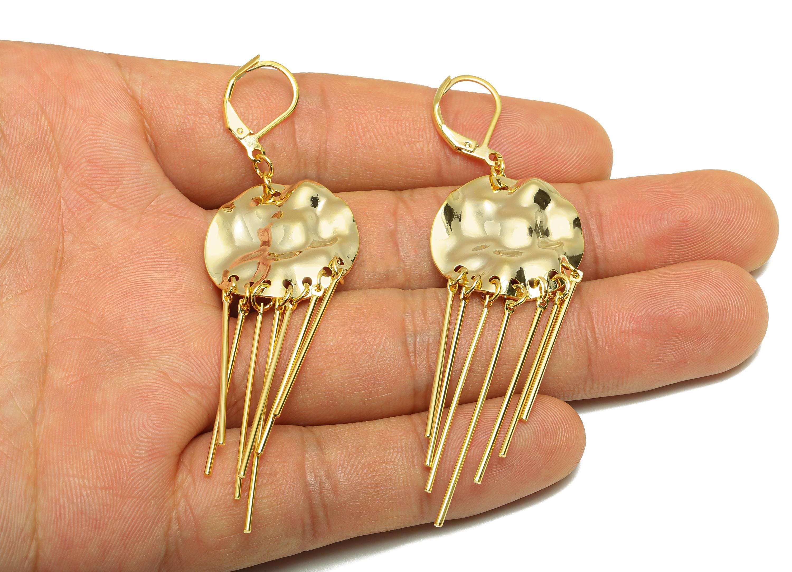 Brass Fringe Laverack Earring - Hammered Huggie Earring for Woman - Gold Dangle Earring - 18K Real Gold Plating - 71.9x22.17x0.79mm- RGP9116 - DOMEDBAZAAR