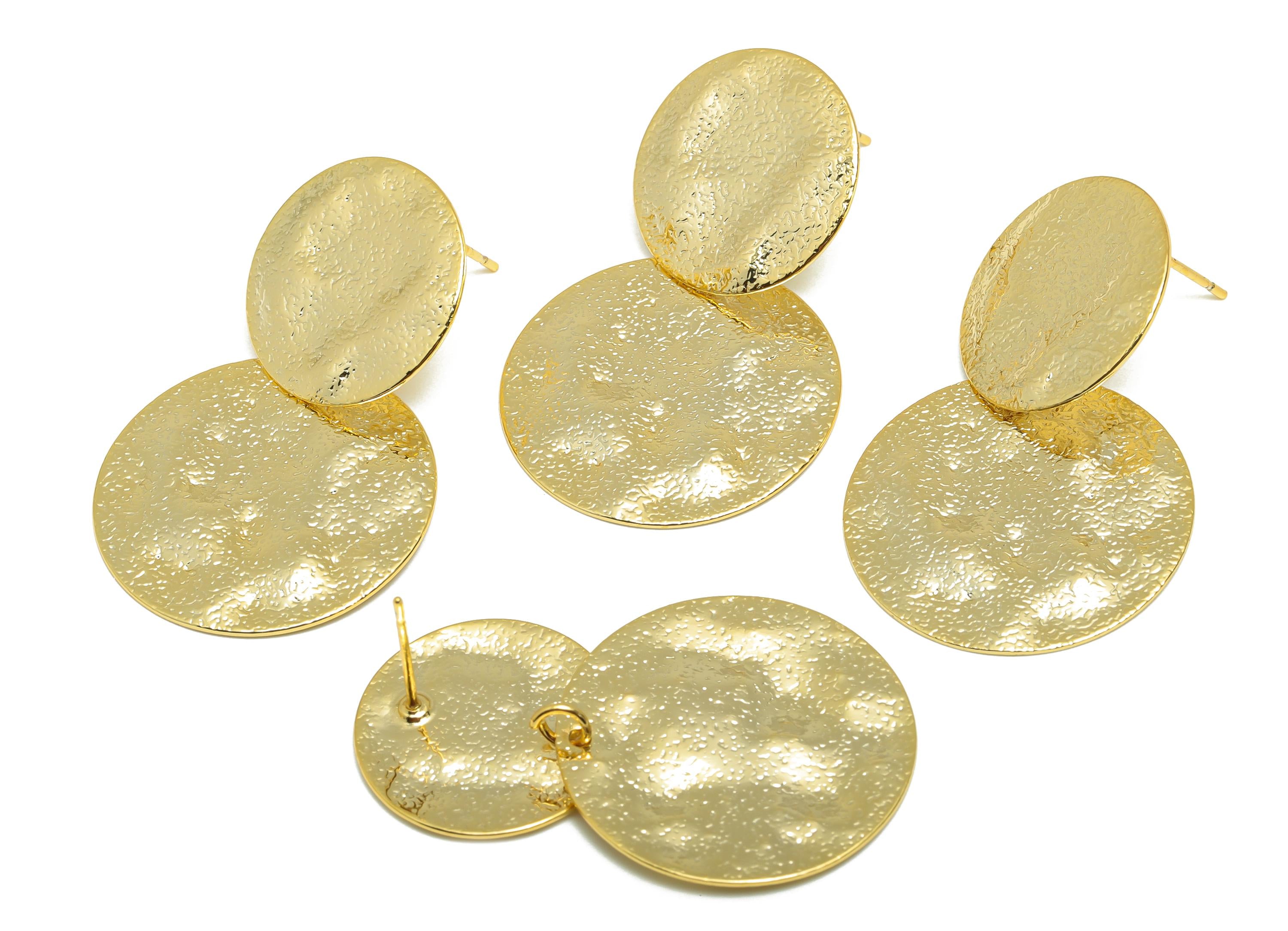 Brass Round Earring Stud - Hammered Dangle Earring for Girl - Gold Daily Wear Ear Post - 18K Real Gold Plating - 37.6x24.16x0.75mm - RGP9120 - DOMEDBAZAAR