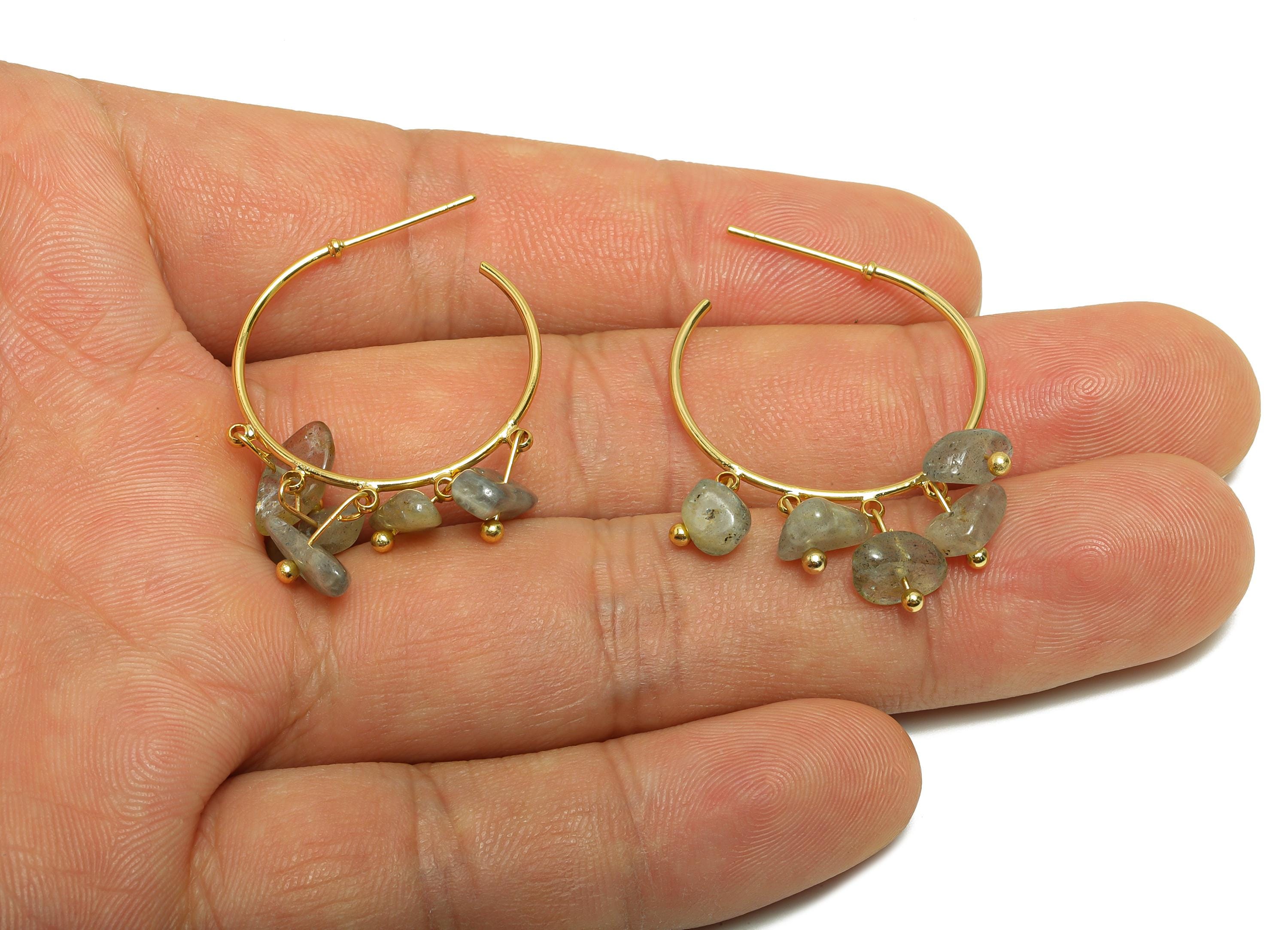 Labradorite Hoop Earring - Brass Dangle Hoop Handmade Earring - Brass Boho Hoop C Earring Post - 18K Real Gold Plated - 35x25x4mm - RGP9283D - DOMEDBAZAAR