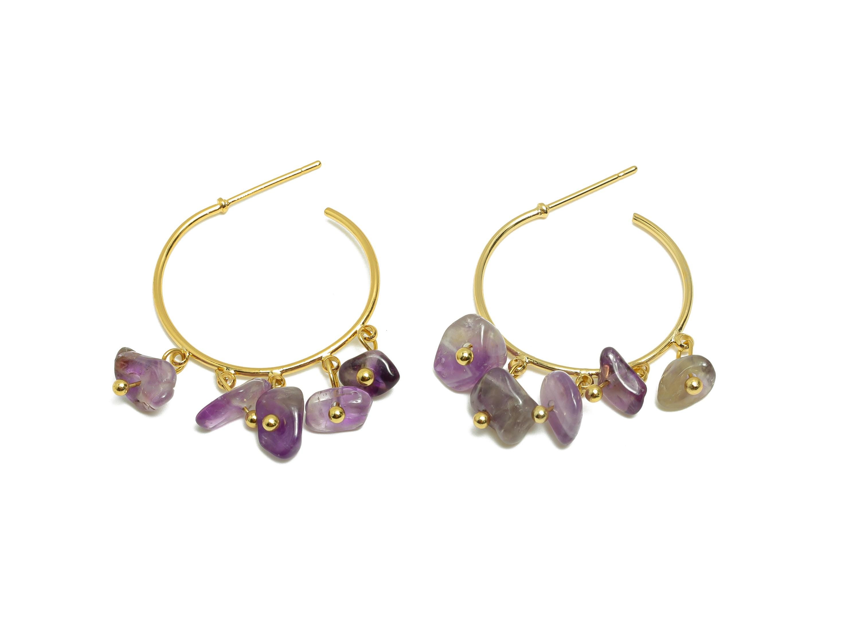 Amethyst Hoop Earring - Brass Dangle Hoop Handmade Earring - Brass Boho Hoop C Earring Post - 18K Real Gold Plated - 38x25x6mm - RGP9283E - DOMEDBAZAAR