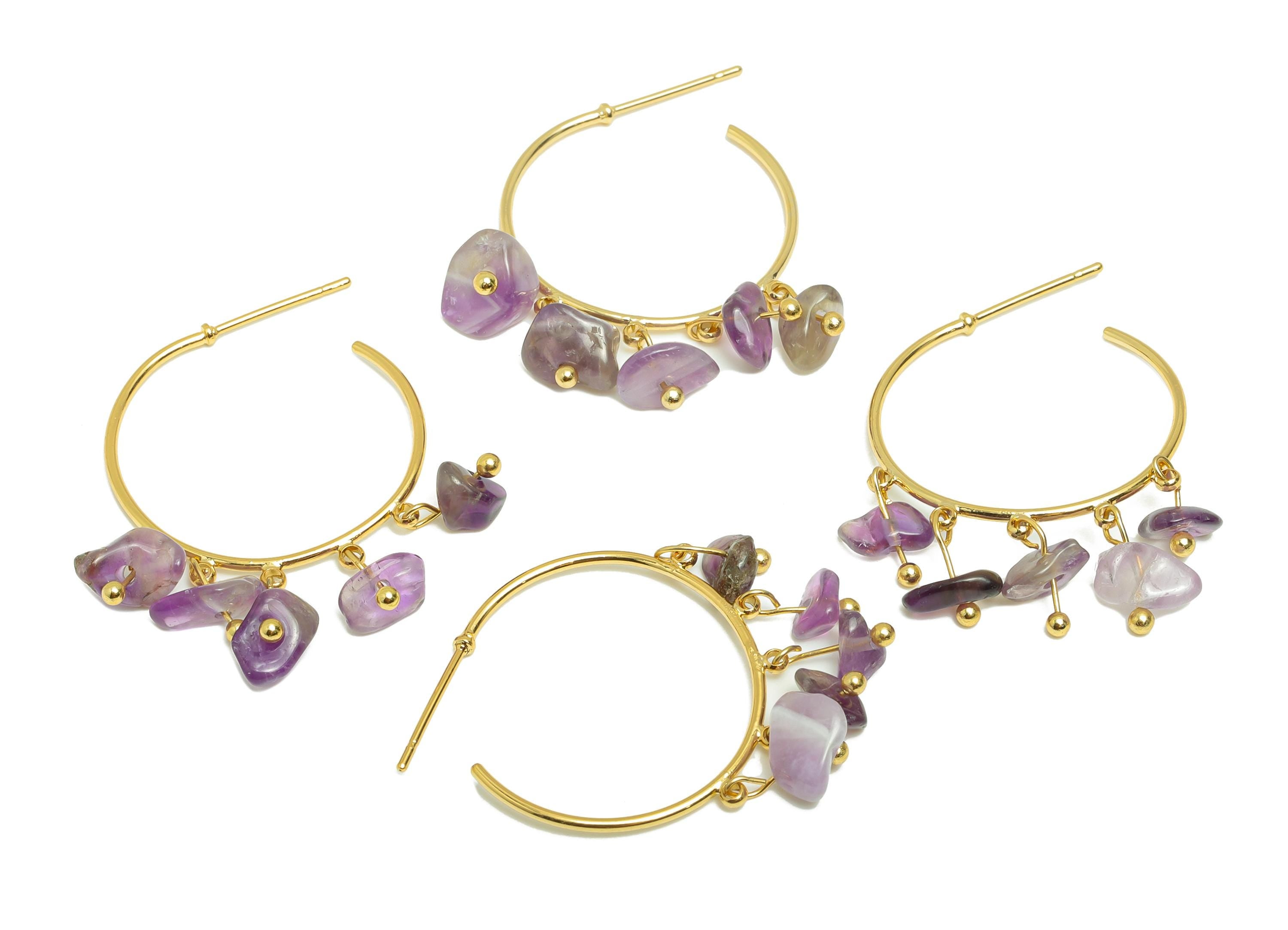 Amethyst Hoop Earring - Brass Dangle Hoop Handmade Earring - Brass Boho Hoop C Earring Post - 18K Real Gold Plated - 38x25x6mm - RGP9283E - DOMEDBAZAAR