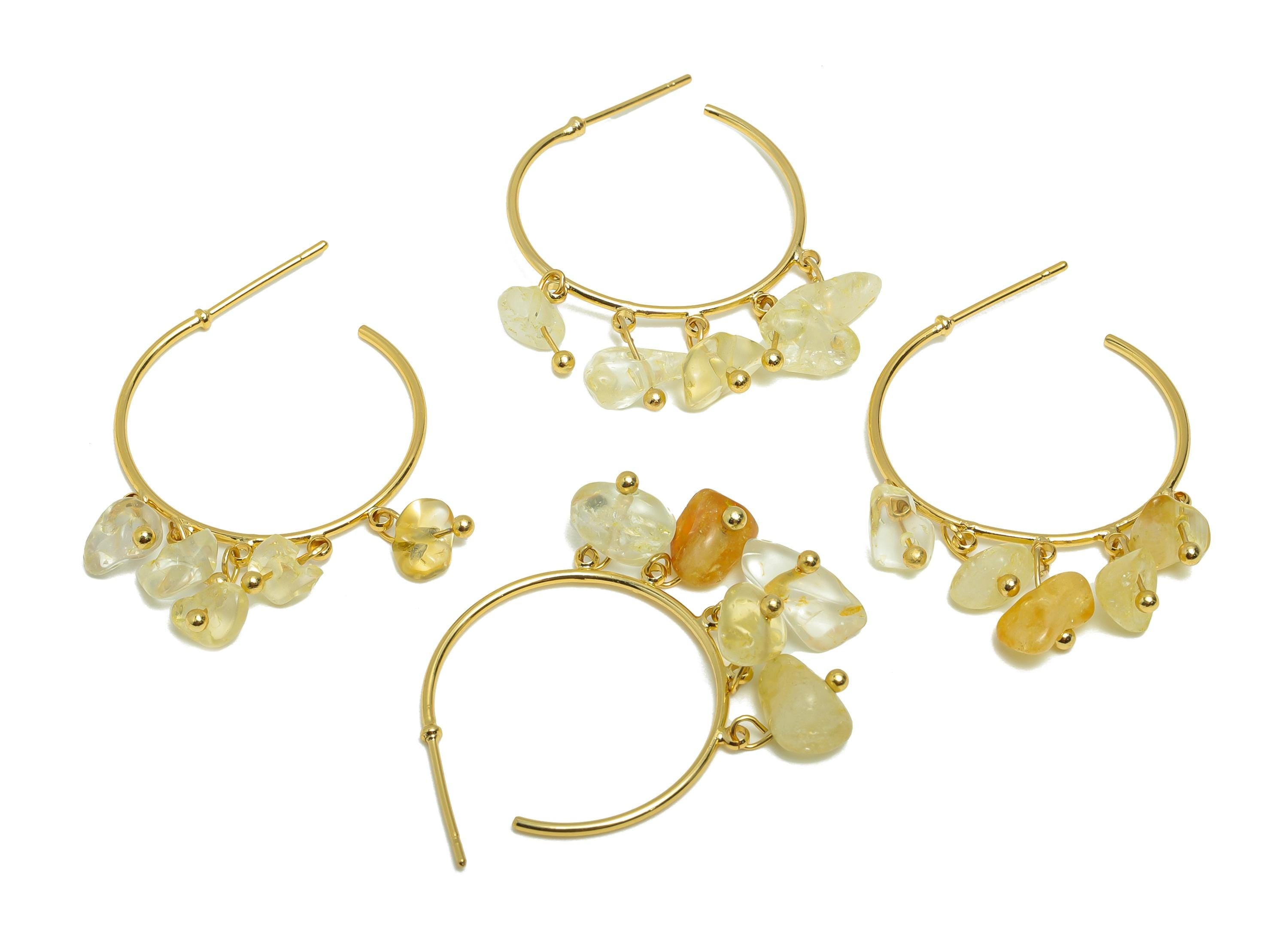 Gold Citrine Hoop Earring - Brass Dangle Hoop Handmade Earring - Brass Boho Hoop C Earring Post - 18K Real Gold Plated - 37x25x3mm -RGP9283G - DOMEDBAZAAR