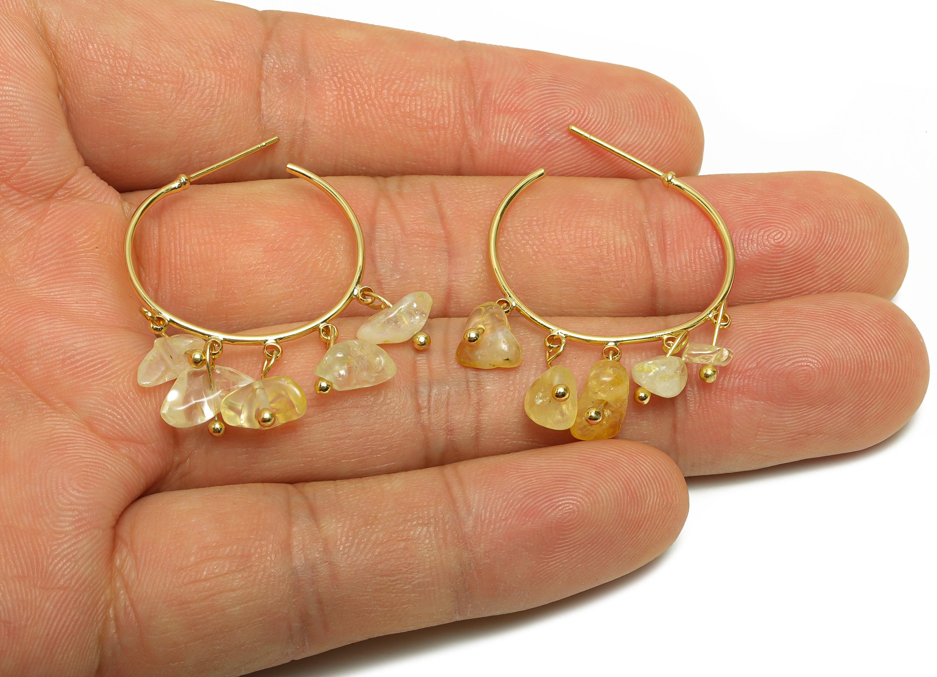 Gold Citrine Hoop Earring - Brass Dangle Hoop Handmade Earring - Brass Boho Hoop C Earring Post - 18K Real Gold Plated - 37x25x3mm -RGP9283G - DOMEDBAZAAR