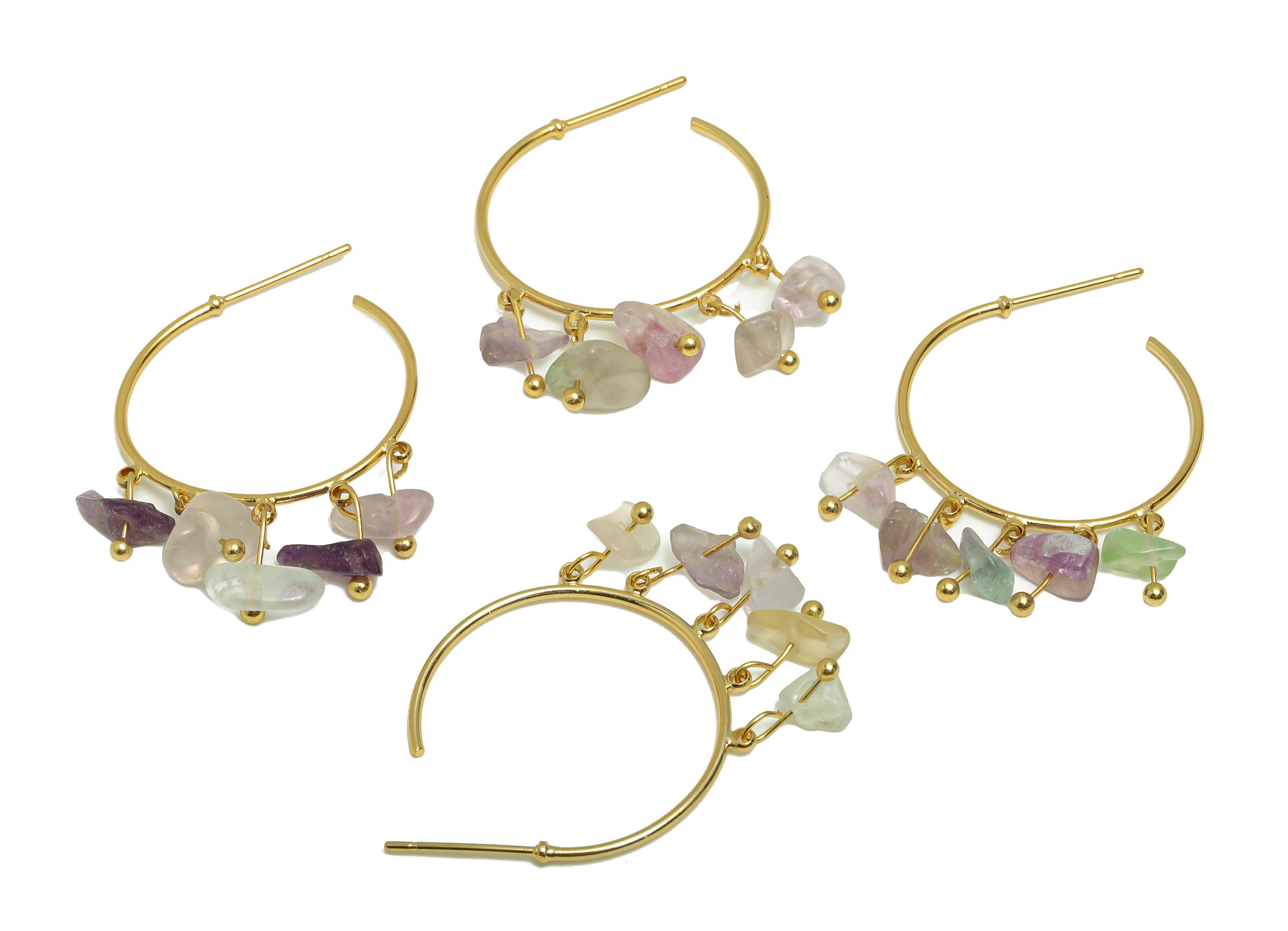 Colored Crystal Hoop Earring - Brass Dangle Hoop Handmade Earring - Boho Hoop C Earring Post - 18K Real Gold Plated - 39x25x3.8mm - RGP9283K - DOMEDBAZAAR