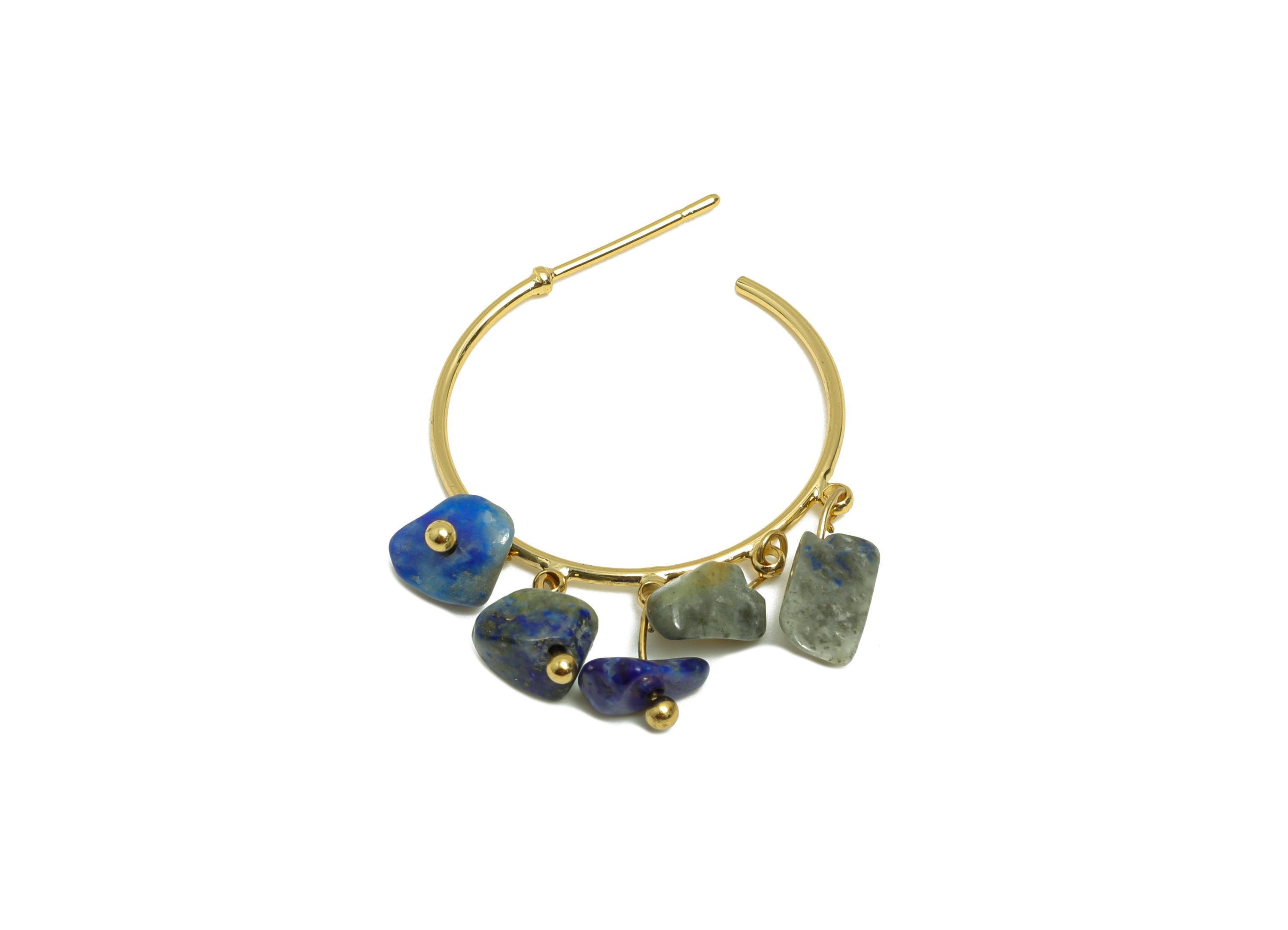 Lapis Lazuli Hoop Earring - Brass Dangle Hoop Handmade Earring - Brass Boho Hoop C Earring Post - 18K Real Gold Plated - 37x25x3mm -RGP9283H - DOMEDBAZAAR