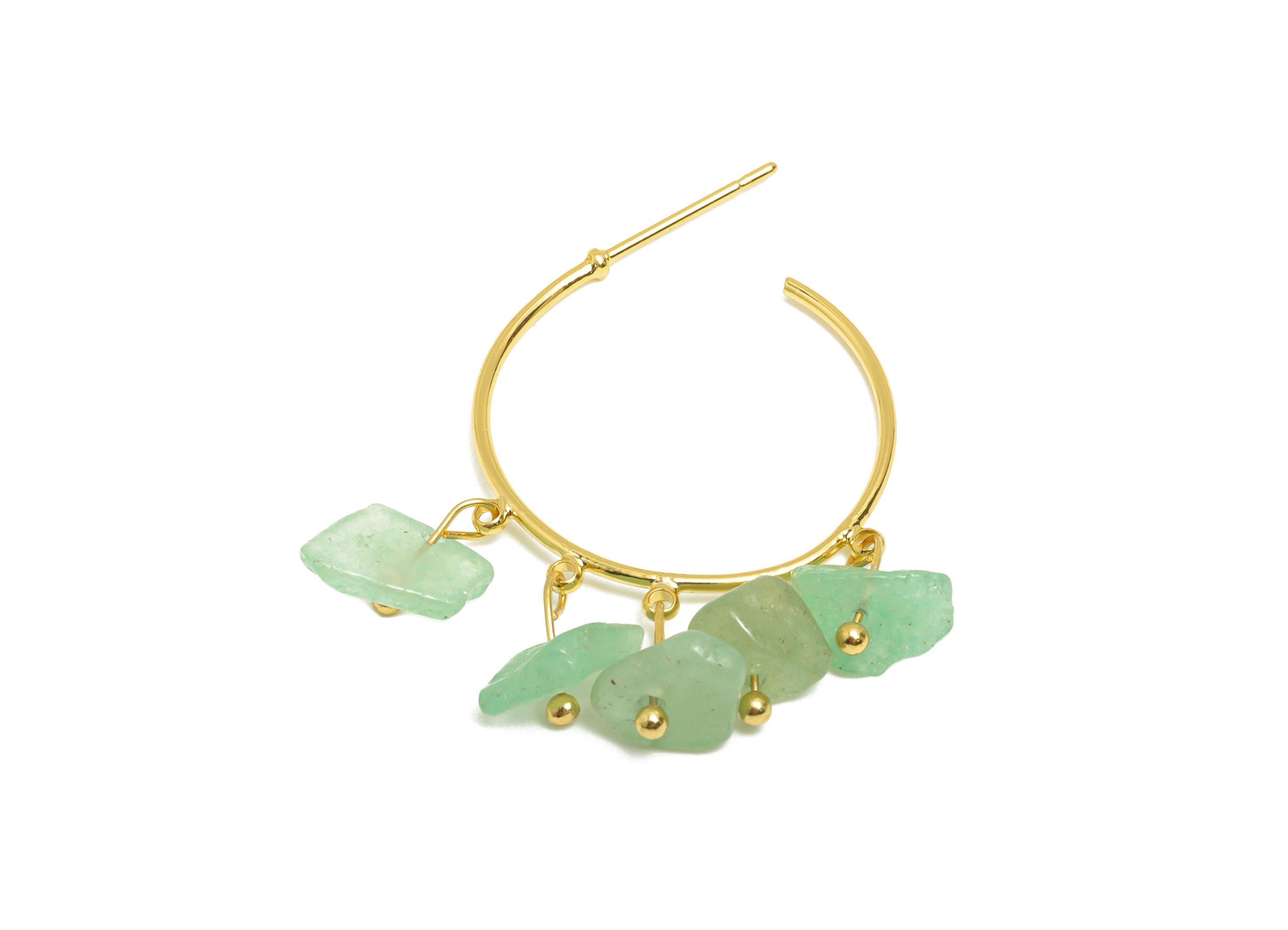 Aventurine Hoop Earring - Brass Dangle Hoop Handmade Earring - Brass Boho Hoop C Earring Post - 18K Real Gold Plated - 37x25x4mm -RGP9283A - DOMEDBAZAAR