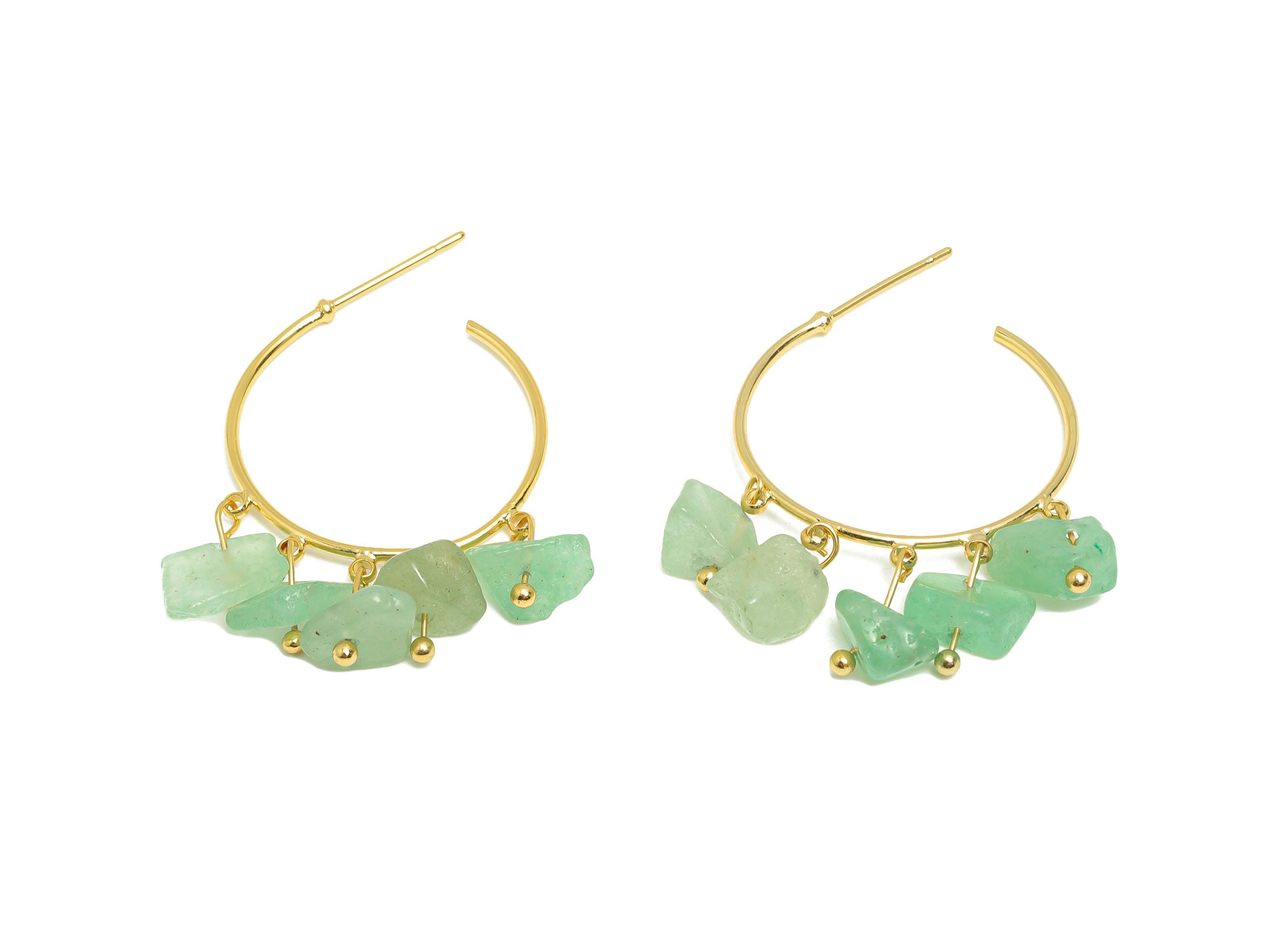 Aventurine Hoop Earring - Brass Dangle Hoop Handmade Earring - Brass Boho Hoop C Earring Post - 18K Real Gold Plated - 37x25x4mm -RGP9283A - DOMEDBAZAAR