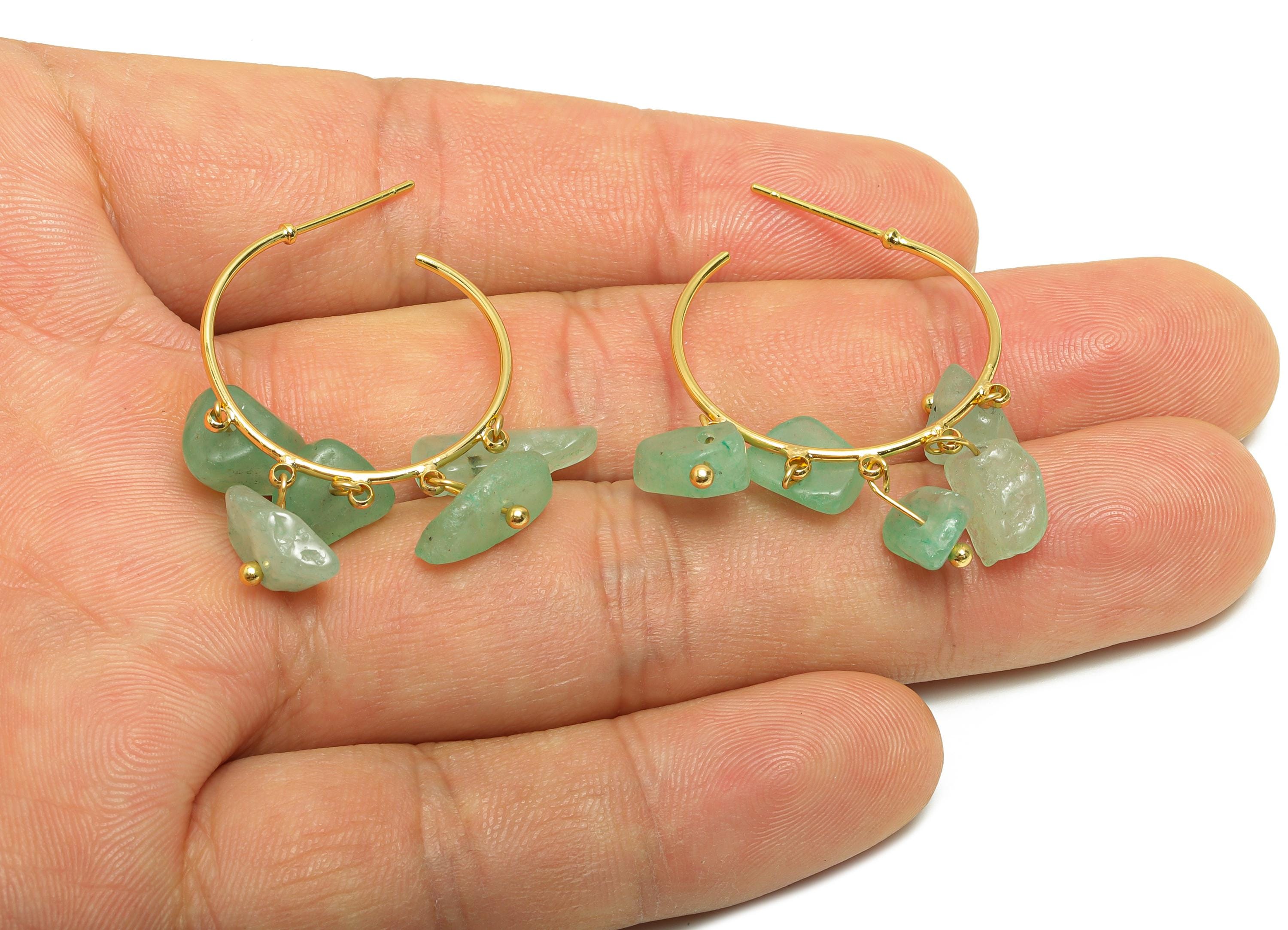Aventurine Hoop Earring - Brass Dangle Hoop Handmade Earring - Brass Boho Hoop C Earring Post - 18K Real Gold Plated - 37x25x4mm -RGP9283A - DOMEDBAZAAR