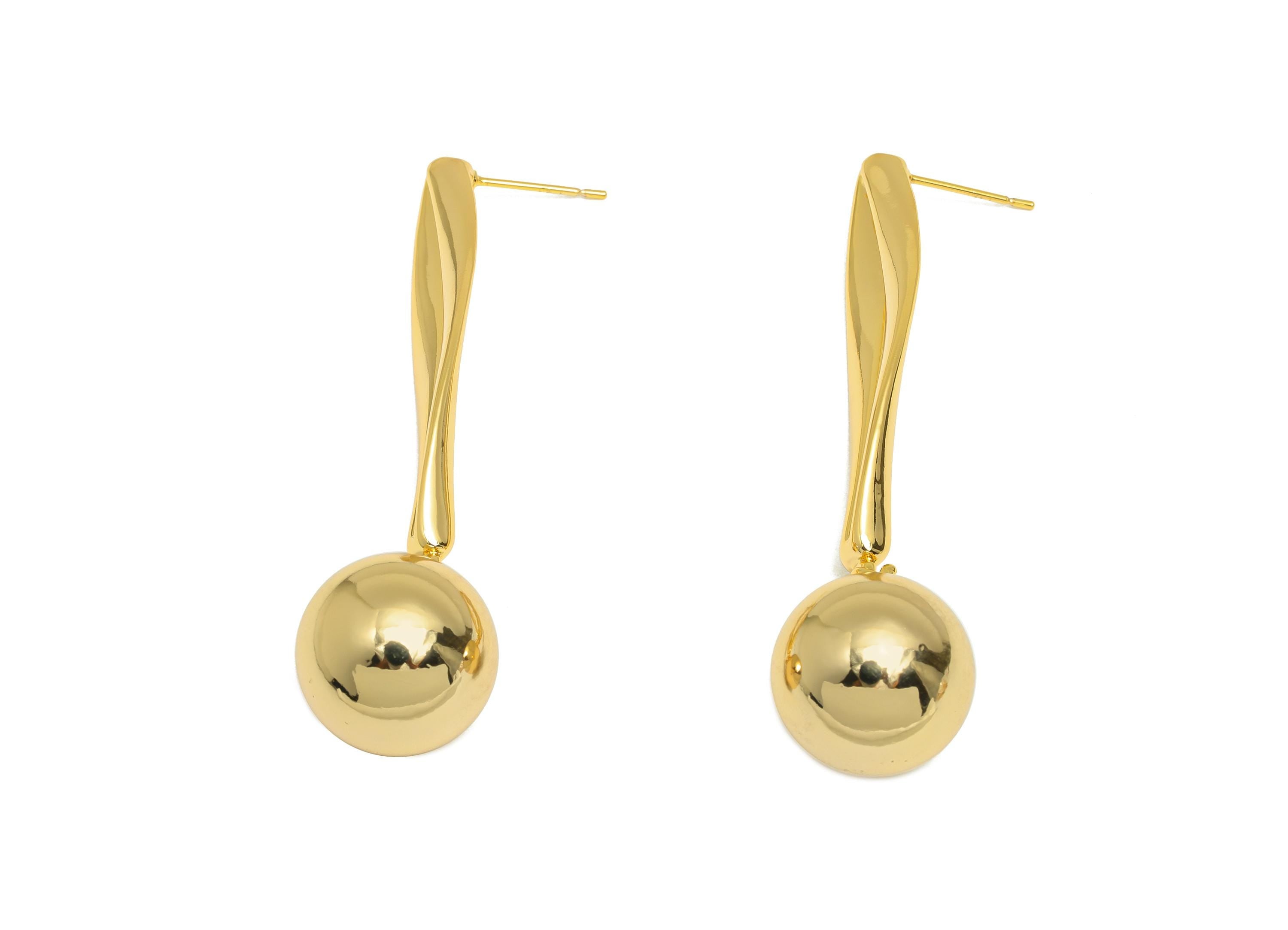 Brass Ball Dangle Earring - Wave Marquise Earring Post for Girl - Gold Dangle Earring Stud - 18K Real Gold Plating - 64.9x18x1.88mm -RGP9124 - DOMEDBAZAAR