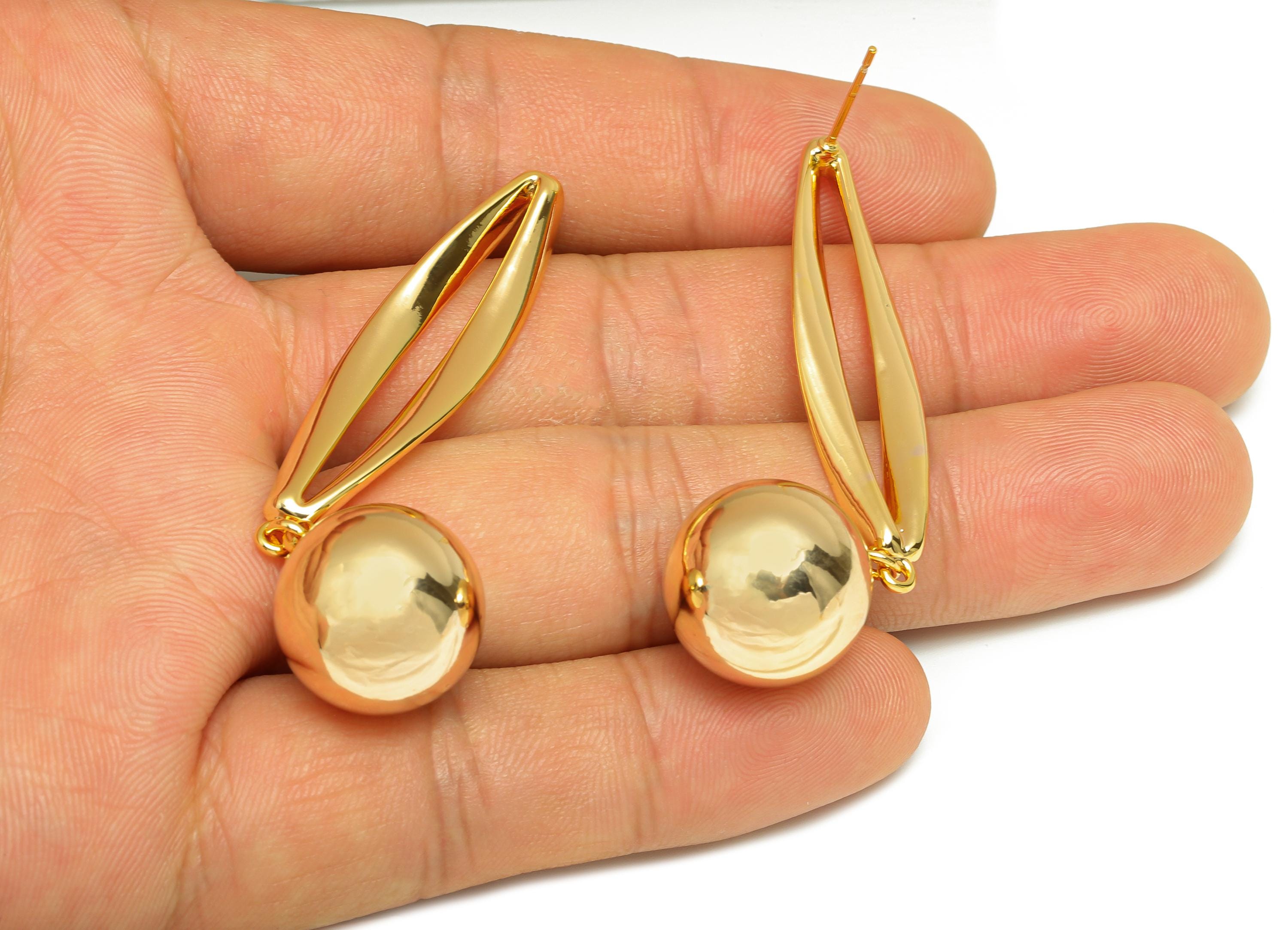 Brass Ball Dangle Earring - Wave Marquise Earring Post for Girl - Gold Dangle Earring Stud - 18K Real Gold Plating - 64.9x18x1.88mm -RGP9124 - DOMEDBAZAAR