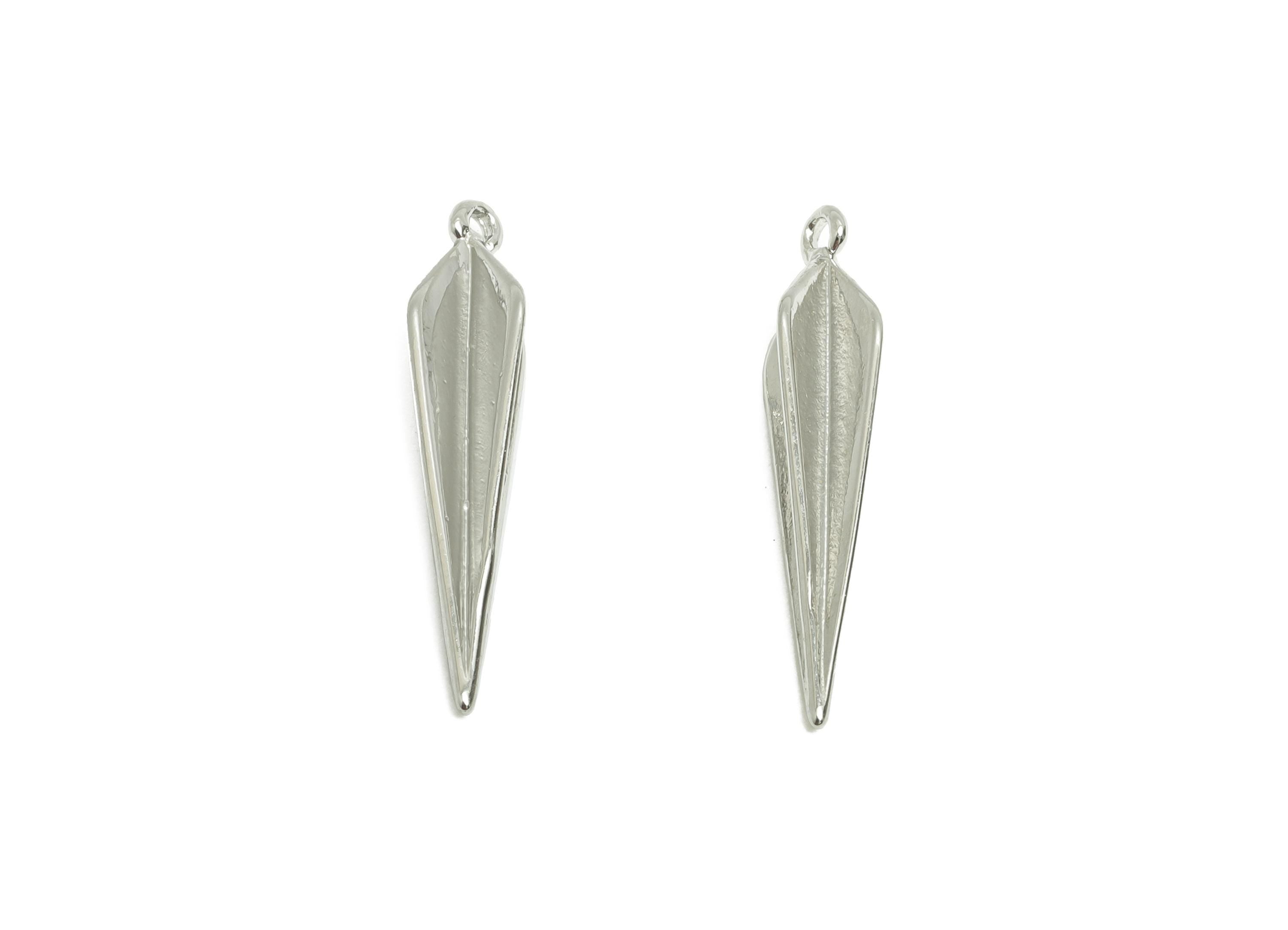 Brass Pointed Earring Charm - Brass Tapered Spike Pendant - Silver Spike Modern Charm - 18K Real White Gold Plated - 23x6x4.3mm - RGP9306 - DOMEDBAZAAR
