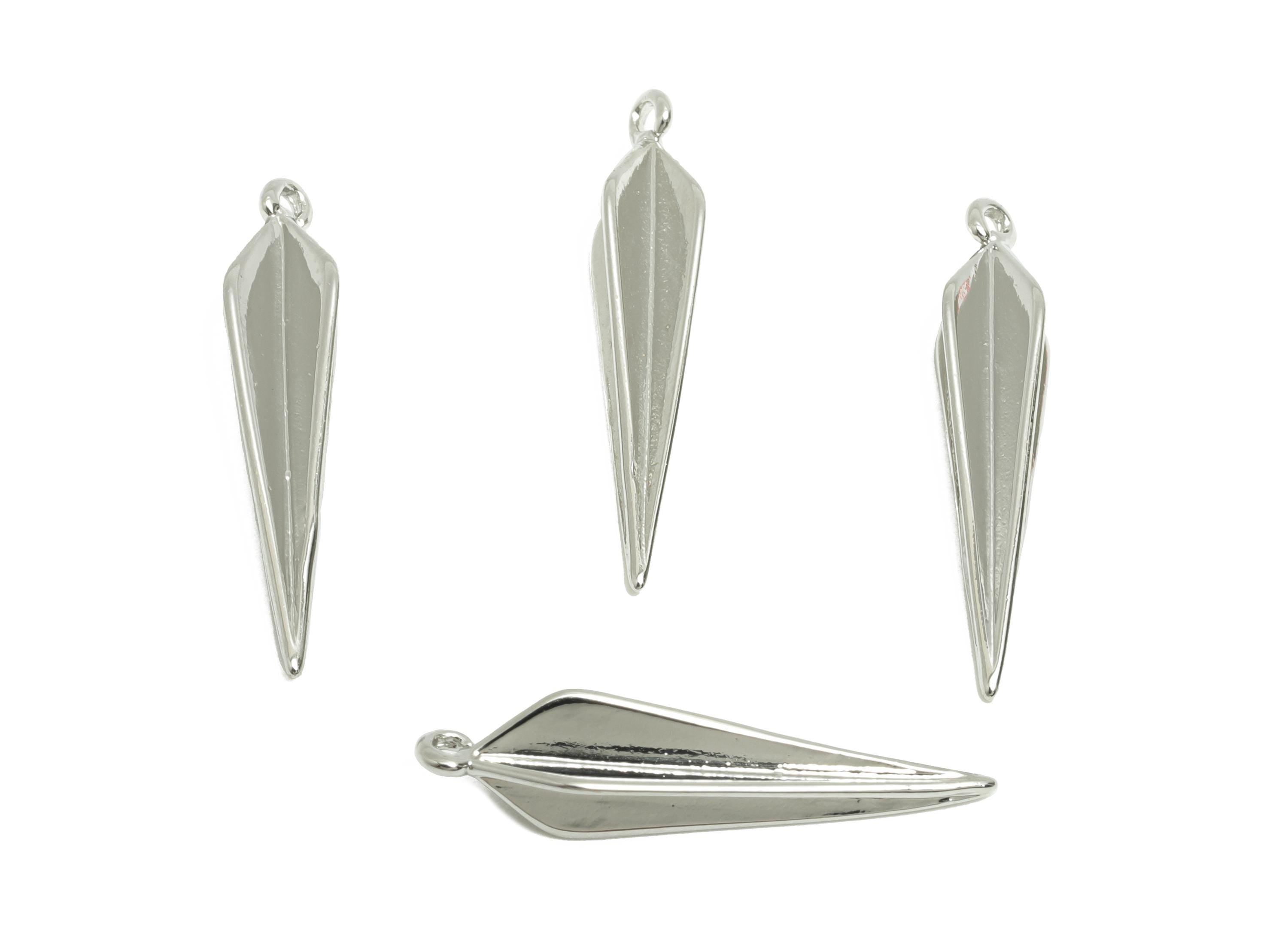 Brass Pointed Earring Charm - Brass Tapered Spike Pendant - Silver Spike Modern Charm - 18K Real White Gold Plated - 23x6x4.3mm - RGP9306 - DOMEDBAZAAR