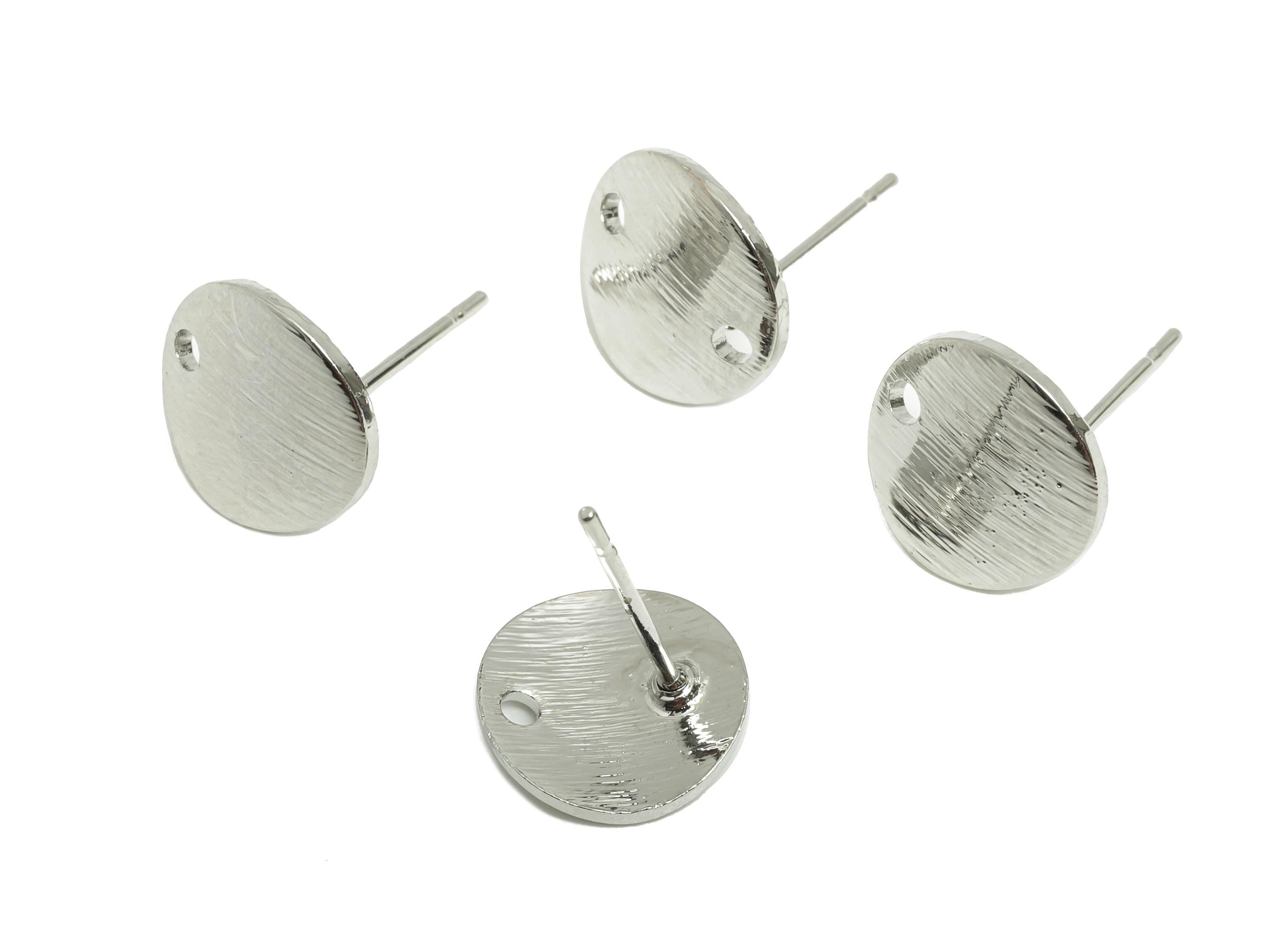 Silver Round Earring - Brass Textured Bent Earring Post - Everyday Minimalist Jewelry - 18K Real White Gold Plating - 13x10x1mm - RGP9307 - DOMEDBAZAAR