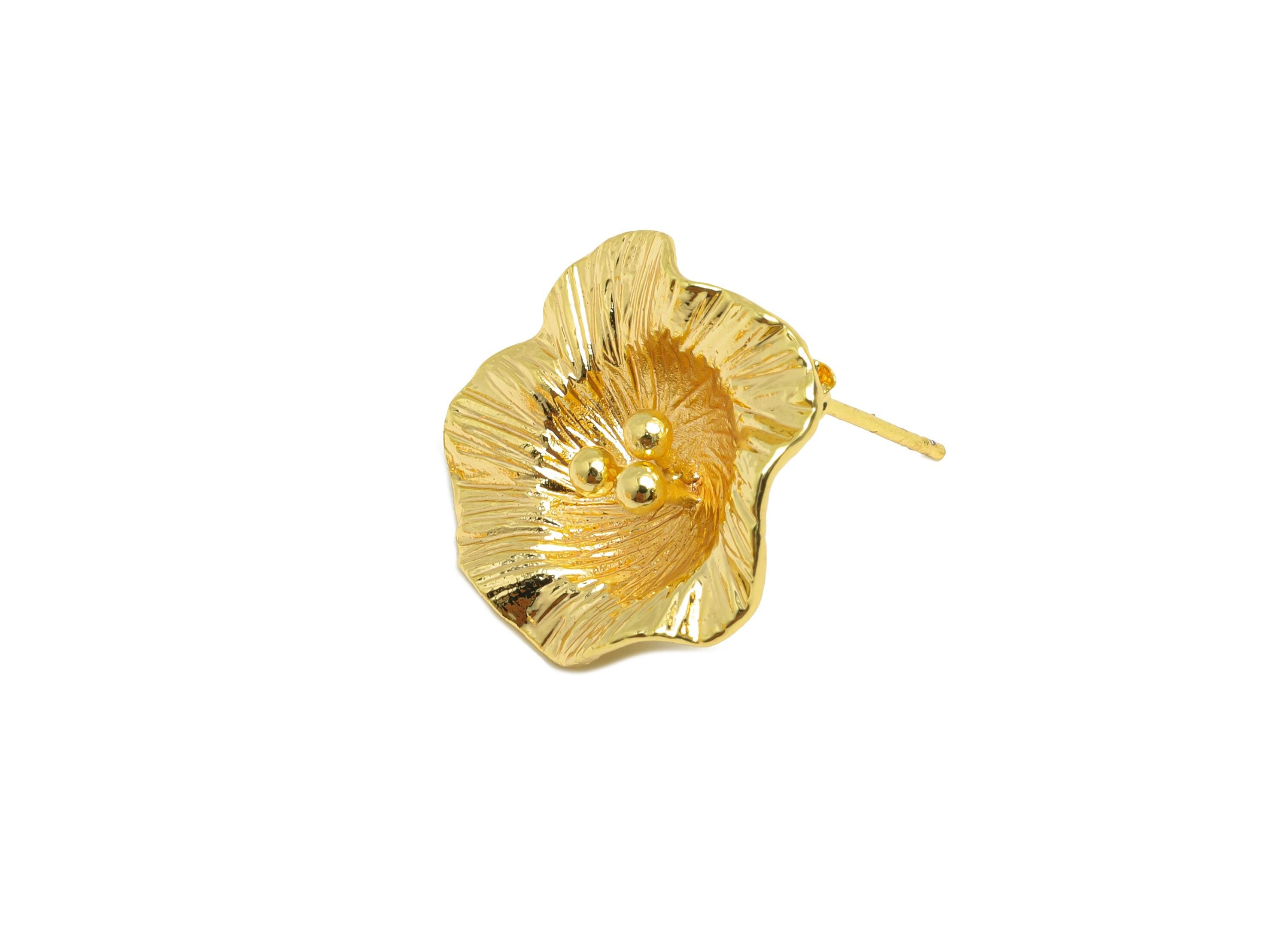 Elegant Floral Earring Post - Brass Textured Flower Earring - Trendy Textured Flower Earring - 18K Real Gold Plated - 17x17x1mm - RGP9317 - DOMEDBAZAAR