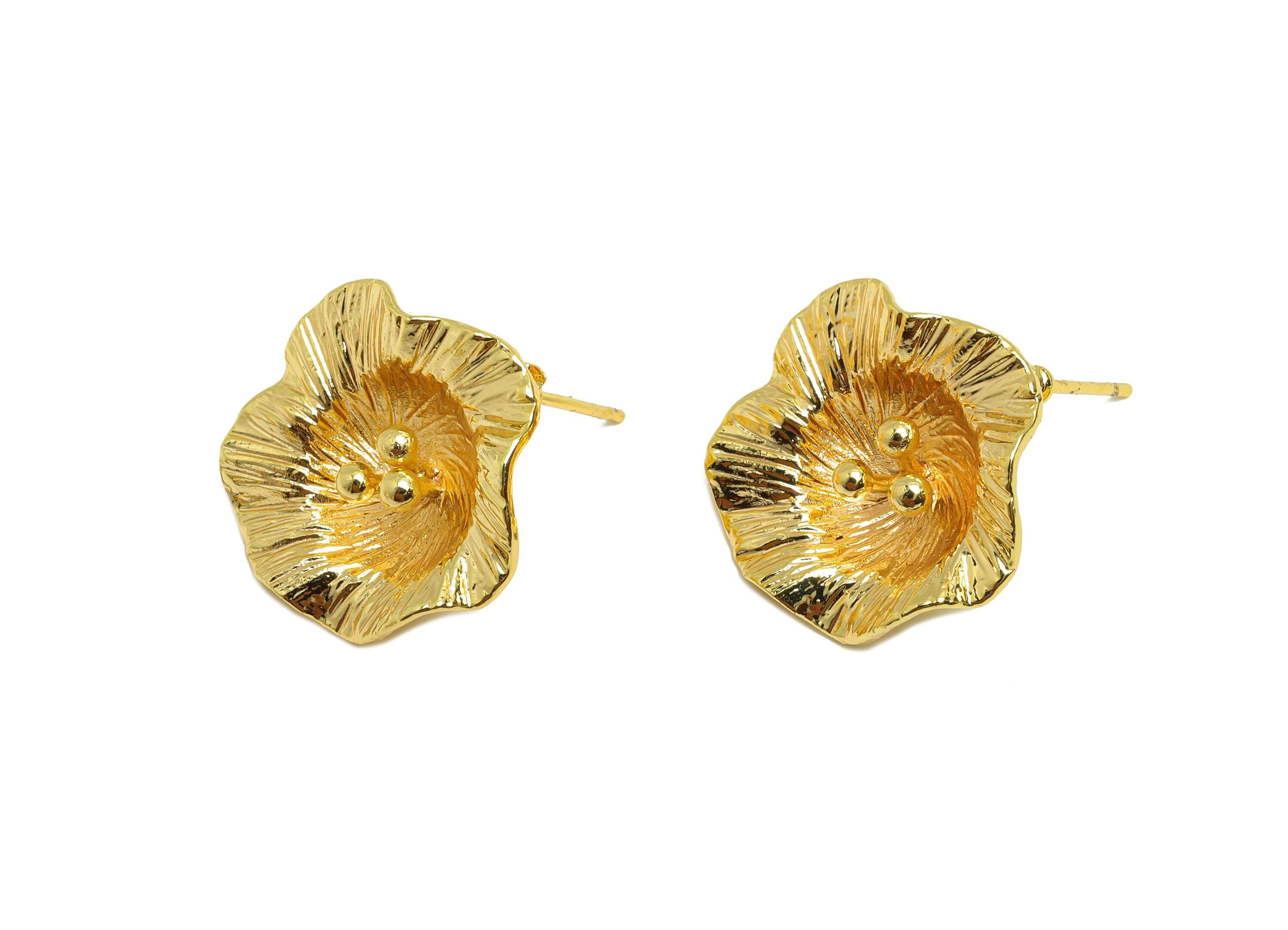 Elegant Floral Earring Post - Brass Textured Flower Earring - Trendy Textured Flower Earring - 18K Real Gold Plated - 17x17x1mm - RGP9317 - DOMEDBAZAAR