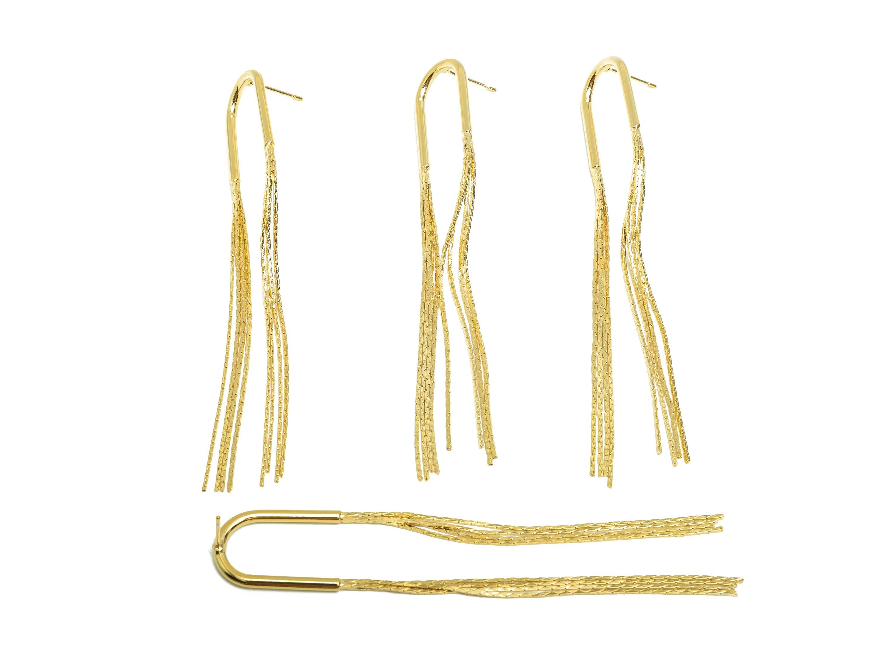 Elegant Dangle Earring Post - Brass Gold Tassel Earring Stud - Modern Snake Chain Earring - 18K Real Gold Plated - 78x14x1.9mm - RGP9325 - DOMEDBAZAAR