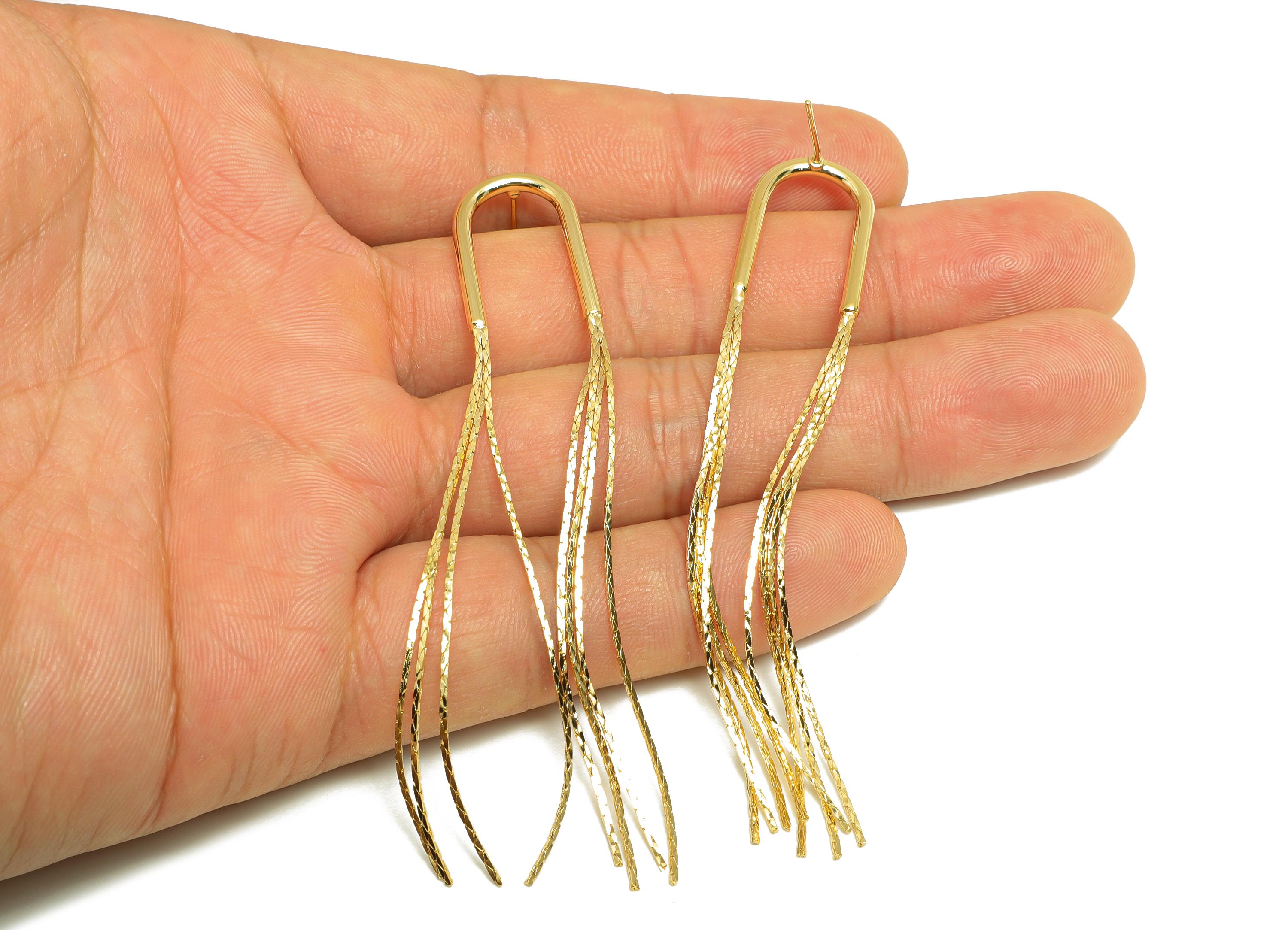 Elegant Dangle Earring Post - Brass Gold Tassel Earring Stud - Modern Snake Chain Earring - 18K Real Gold Plated - 78x14x1.9mm - RGP9325 - DOMEDBAZAAR