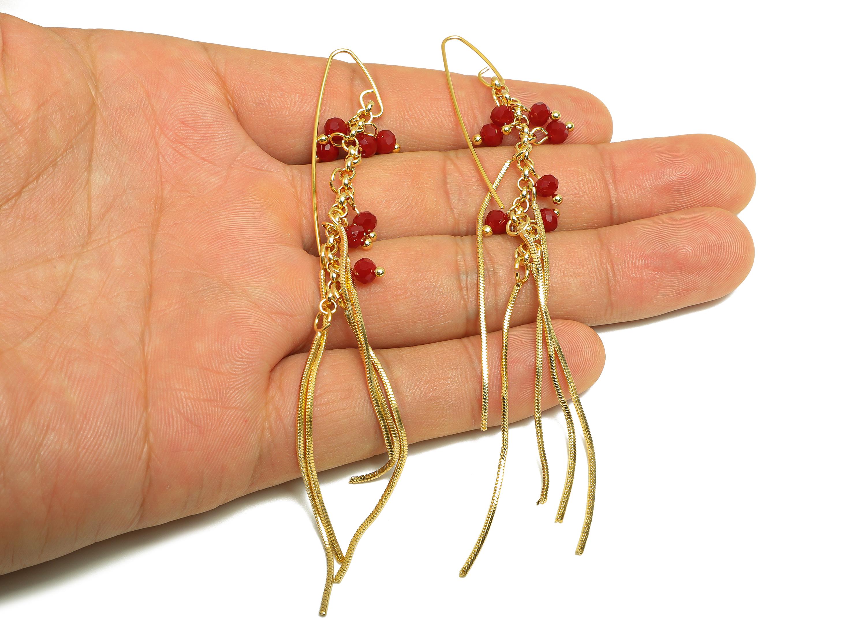 Zircon Chain Tassel Earring - Brass Gold Tassel Boho Earring Hook - Brass Red Bead Jewelry - 18K Real Gold Plating - 114x11x4mm - RGP9329 - DOMEDBAZAAR