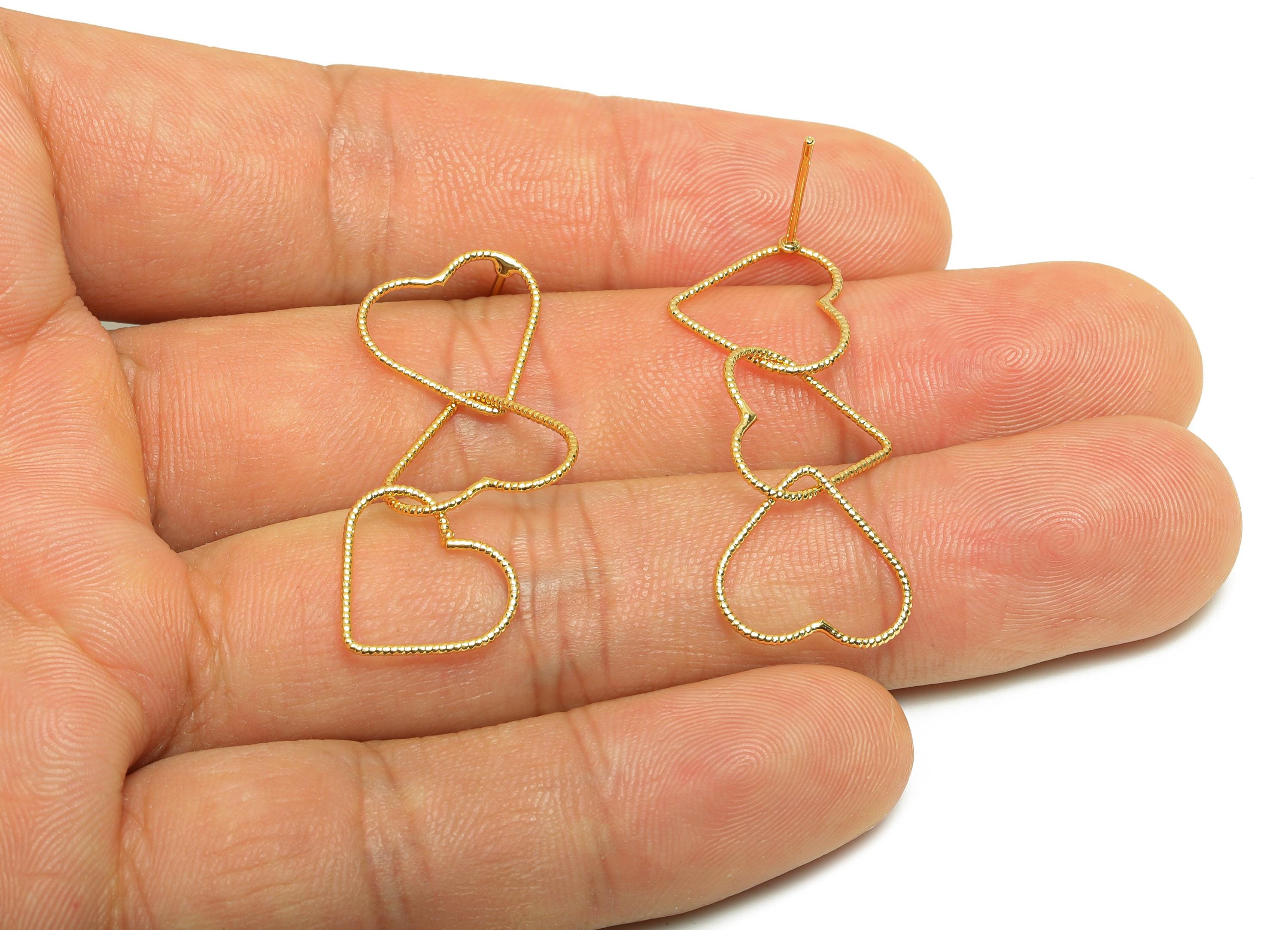 Romantic Dangle Earring Post - Brass Gold Linked Hearts Post - Modern Love Symbol Earrings - 18K Real Gold Plated - 33x14.3x0.7mm - RGP9331 - DOMEDBAZAAR