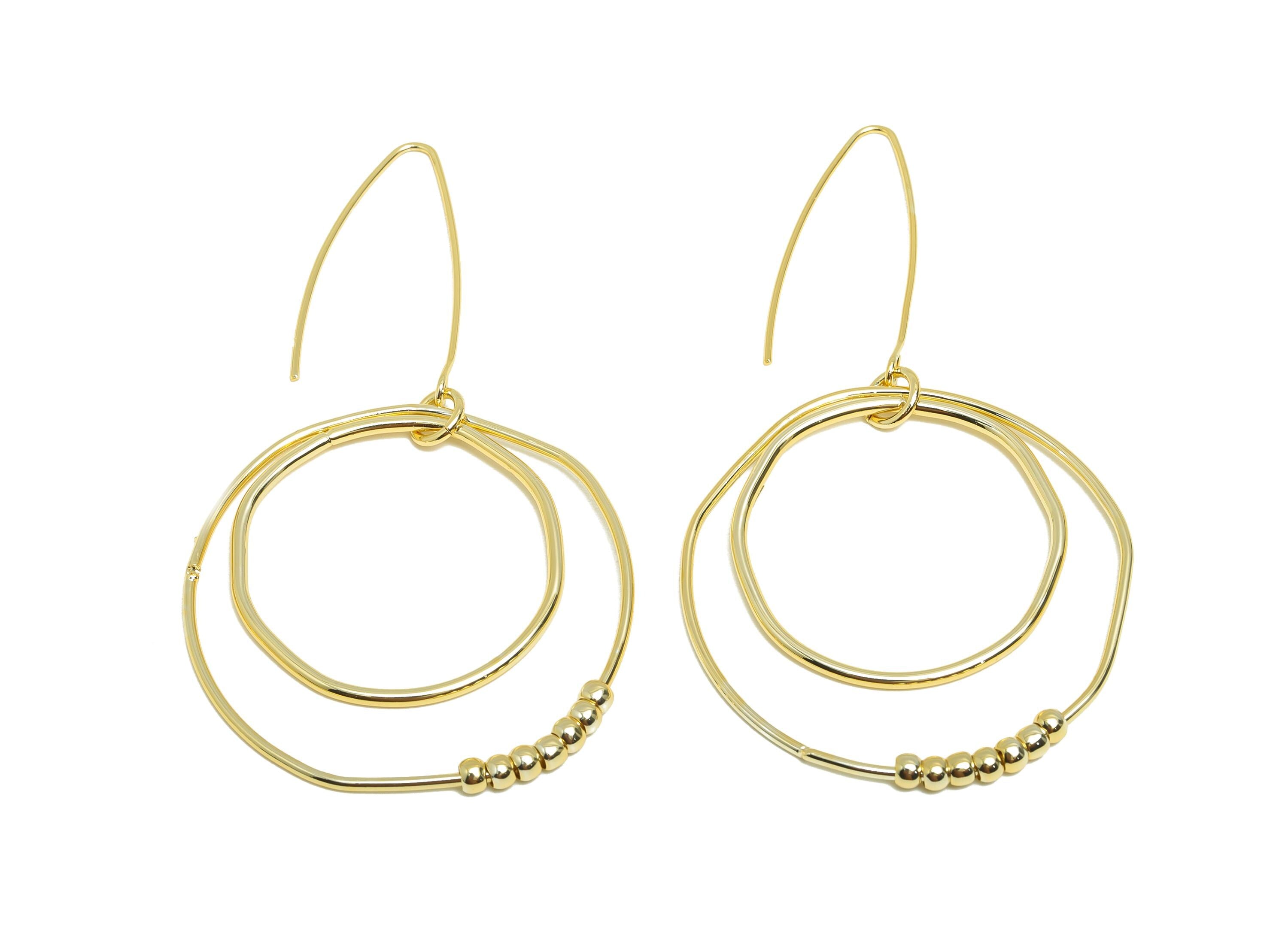 Abstract Circle Earring - Brass Gold Beaded Hoop Dangle Ear Wire - Minimalist Boho Hoop Jewelry - 18K Real Gold Plated - 74x40x3mm -RGP9334 - DOMEDBAZAAR