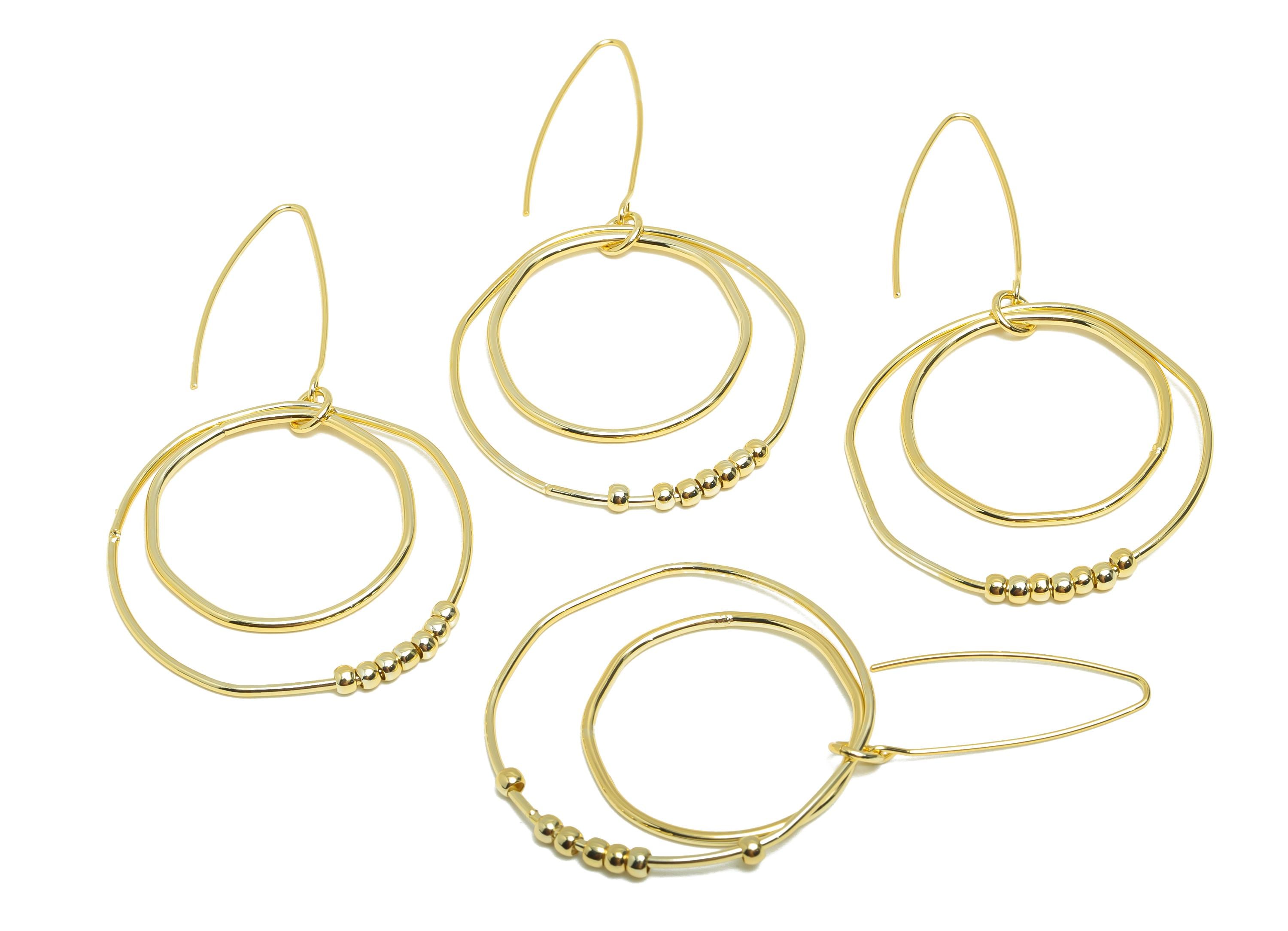 Abstract Circle Earring - Brass Gold Beaded Hoop Dangle Ear Wire - Minimalist Boho Hoop Jewelry - 18K Real Gold Plated - 74x40x3mm -RGP9334 - DOMEDBAZAAR