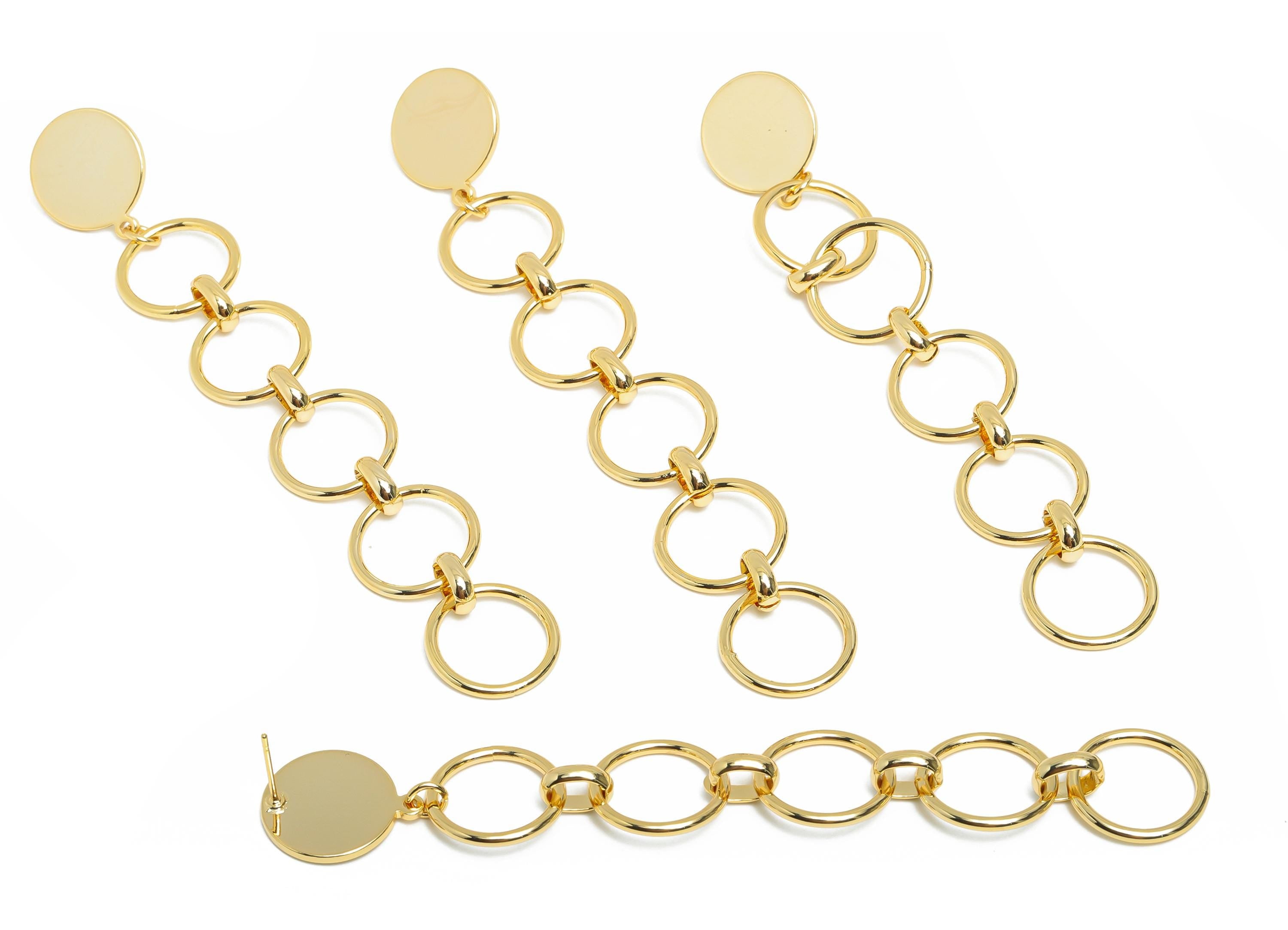 Long Dangle Earring - Brass Circle Link Earring Post - Gold Dangle Modern Geometric Earring - 18K Real Gold Plating - 103x15x1.3mm - RGP9344 - DOMEDBAZAAR