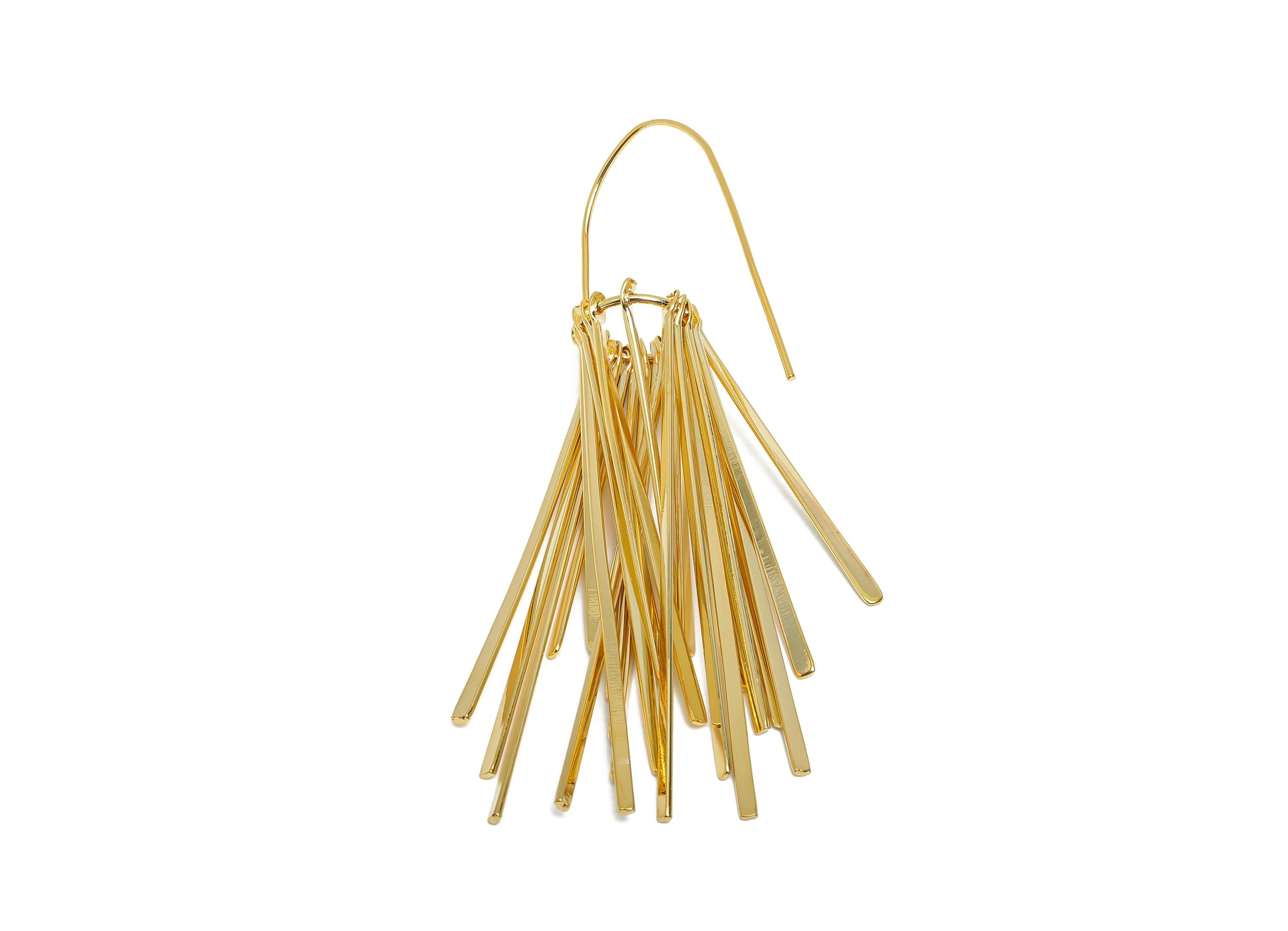 Gold Fringe Tassel Earring - Brass Long Dangle Earring Wire - Fashion Hammered Artistic Jewelry - 18K Real Gold Plated - 79x13x2.7 - RGP9349 - DOMEDBAZAAR