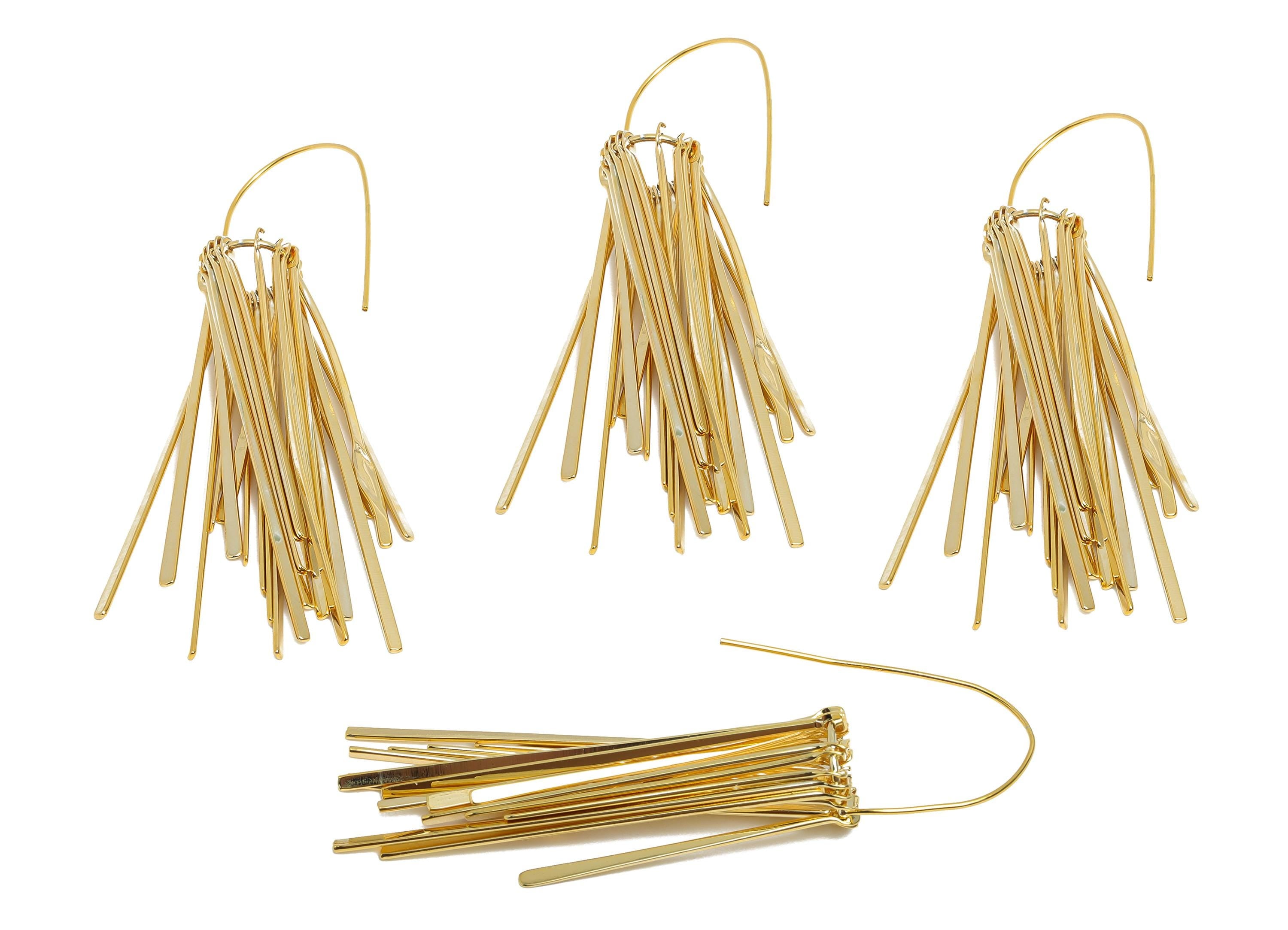 Gold Fringe Tassel Earring - Brass Long Dangle Earring Wire - Fashion Hammered Artistic Jewelry - 18K Real Gold Plated - 79x13x2.7 - RGP9349 - DOMEDBAZAAR