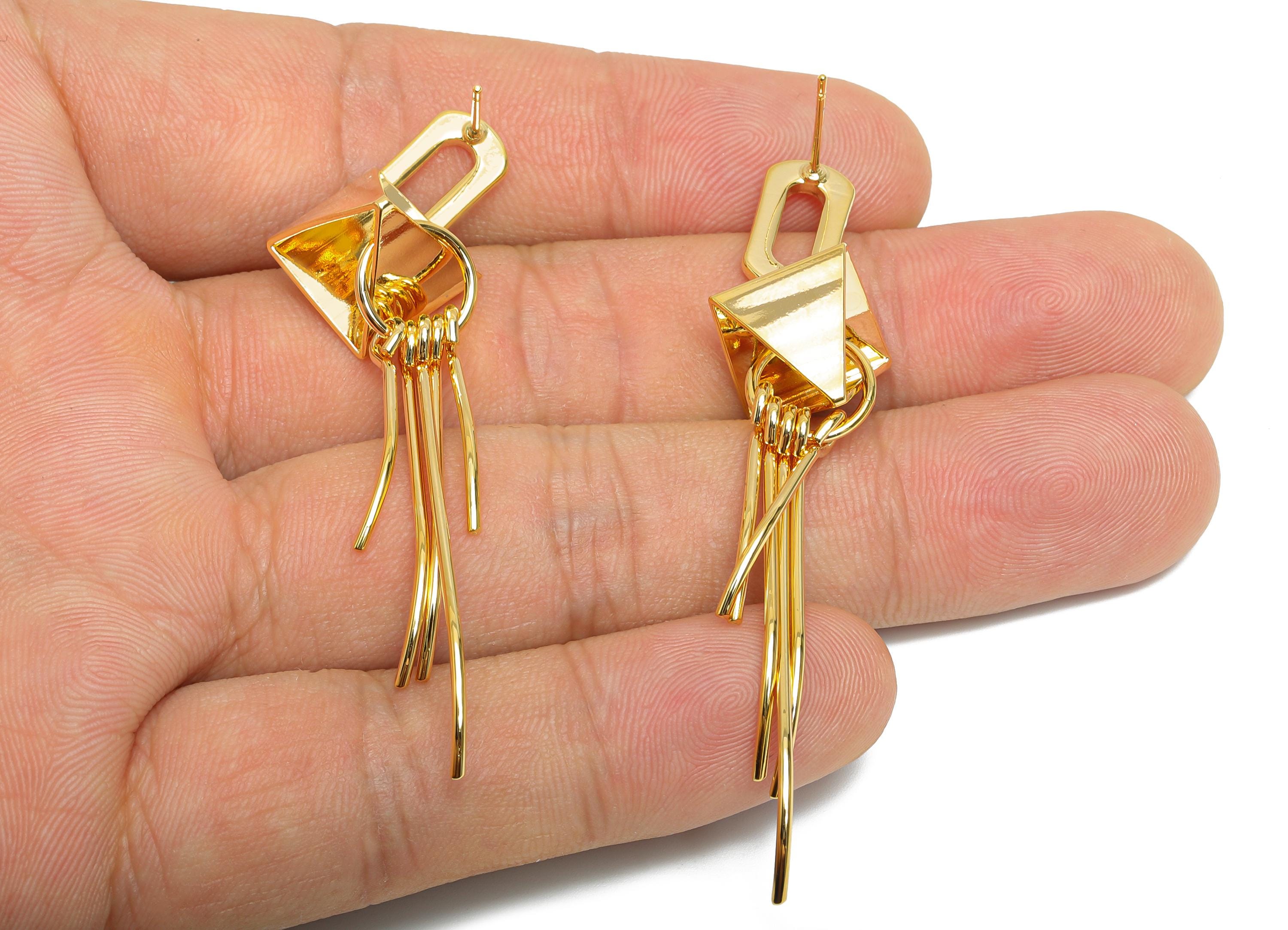 Brass Dangle Earring Stud - Brass Gold Artistic Earring Post - Modern Geometric Earring Post - 18K Real Gold Plating - 73x11x1mm - RGP9353 - DOMEDBAZAAR